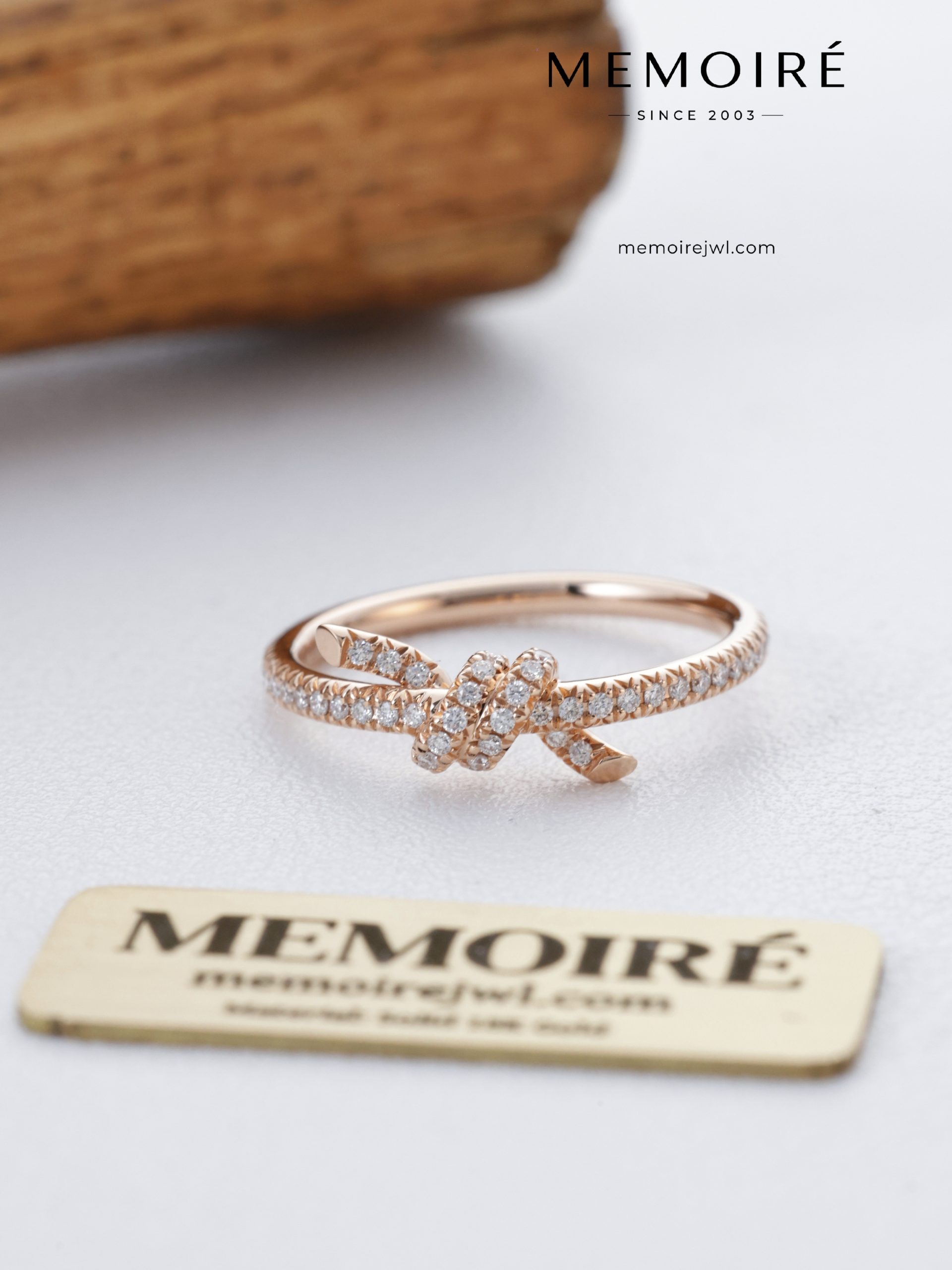 MEMOIRÉ 18K Rose Gold Knot Diamond Ring | Pave-Set Bow Design