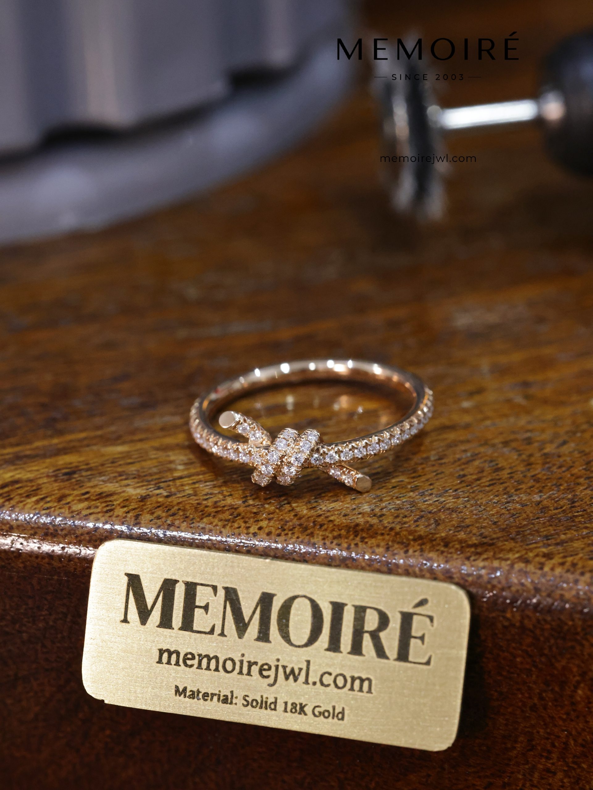 MEMOIRÉ 18K Rose Gold Knot Diamond Ring | Pave-Set Bow Design - Image 4