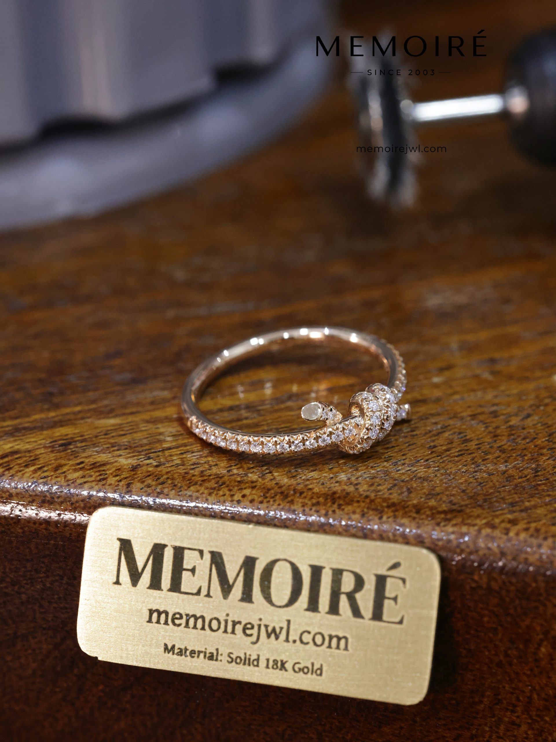MEMOIRÉ 18K Rose Gold Knot Diamond Ring | Pave-Set Bow Design - Image 3