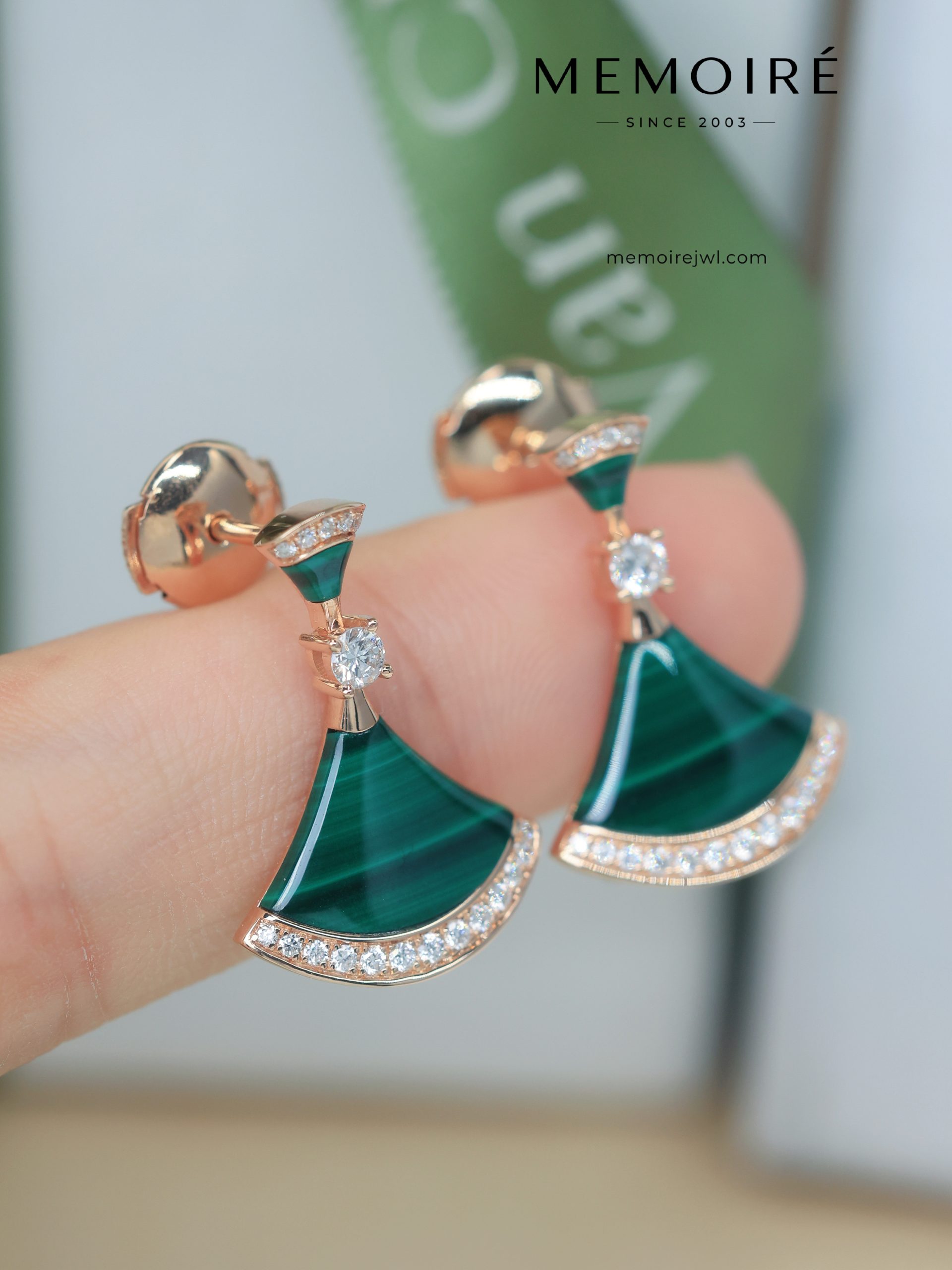 MEMOIRÉ 18K Rose Gold Malachite Fan Drop Earrings - Image 3