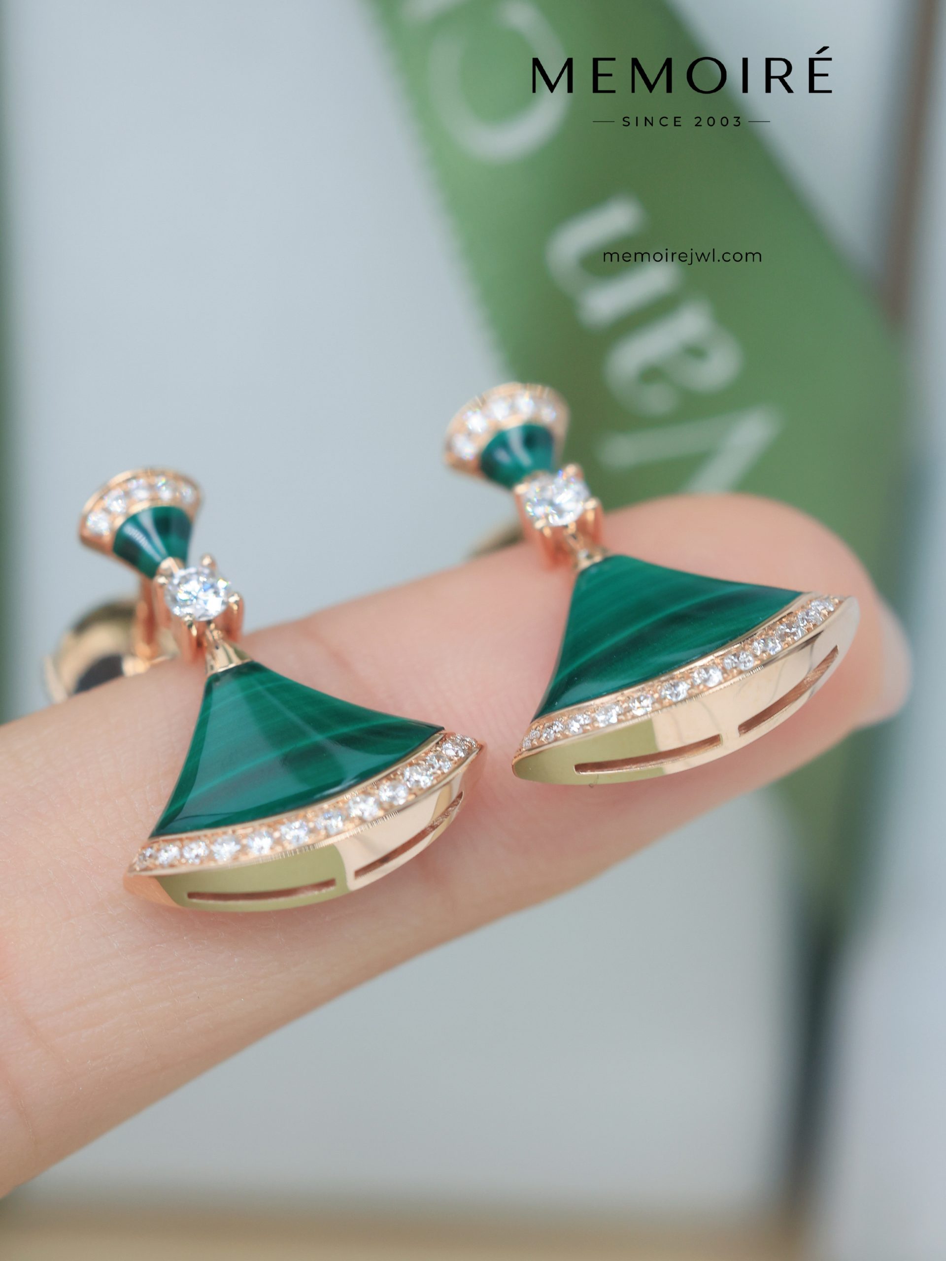 MEMOIRÉ 18K Rose Gold Malachite Fan Drop Earrings - Image 4