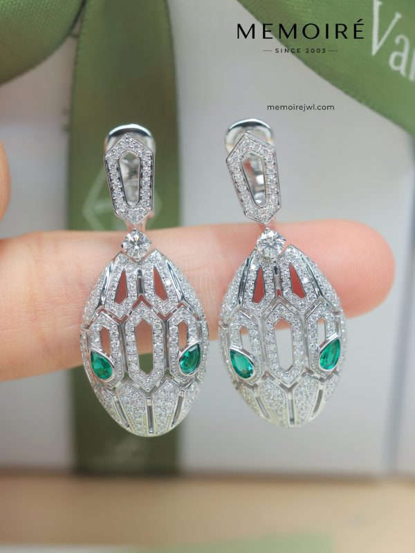 MEMOIRÉ 18K White Gold Snake-Skin Diamond & Emerald Drop Earrings