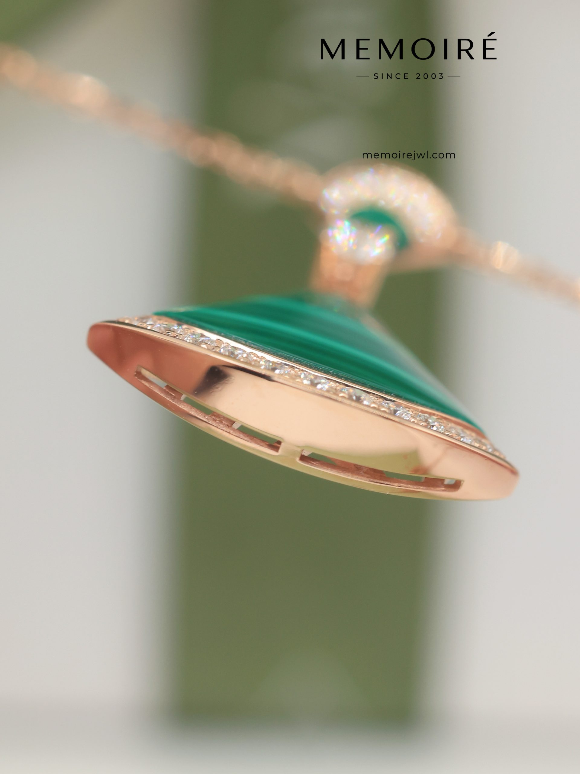 MEMOIRÉ 18K Rose Gold Malachite & Diamond Fan Pendant Necklace - Image 5