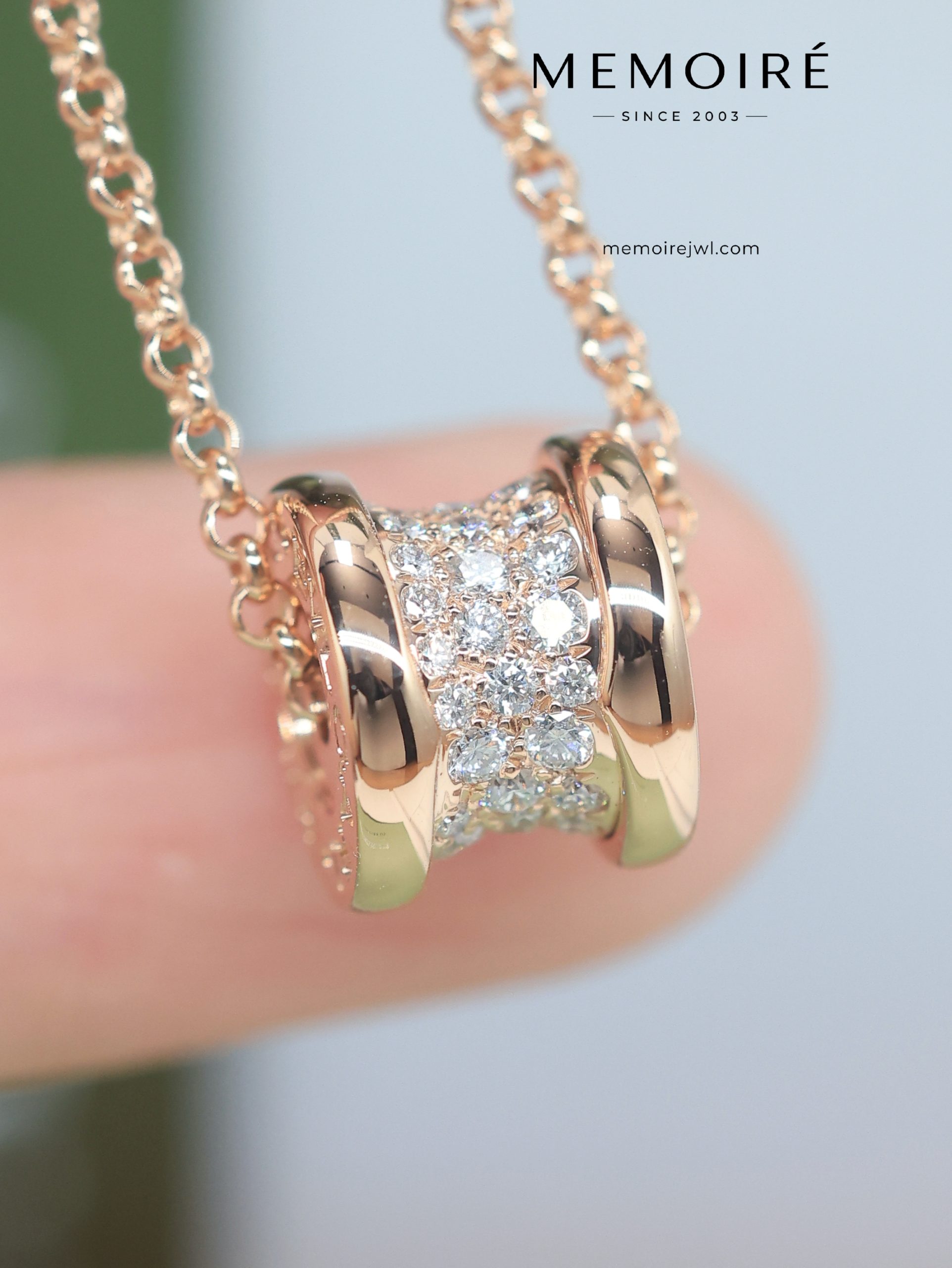 MEMOIRÉ 18K Rose Gold Full Diamond Barrel Pendant Necklace - Image 3