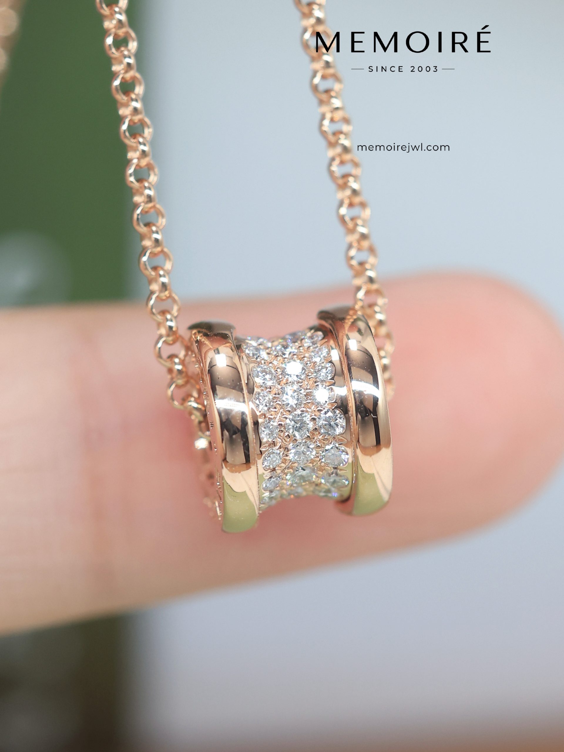 MEMOIRÉ 18K Rose Gold Full Diamond Barrel Pendant Necklace - Image 4