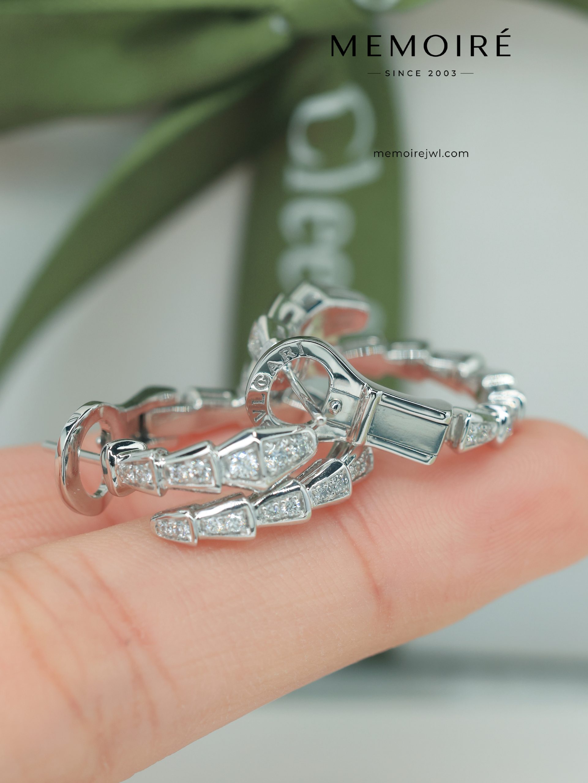 MEMOIRÉ 18K White Gold Diamond Serpent Hoop Earrings - Image 3