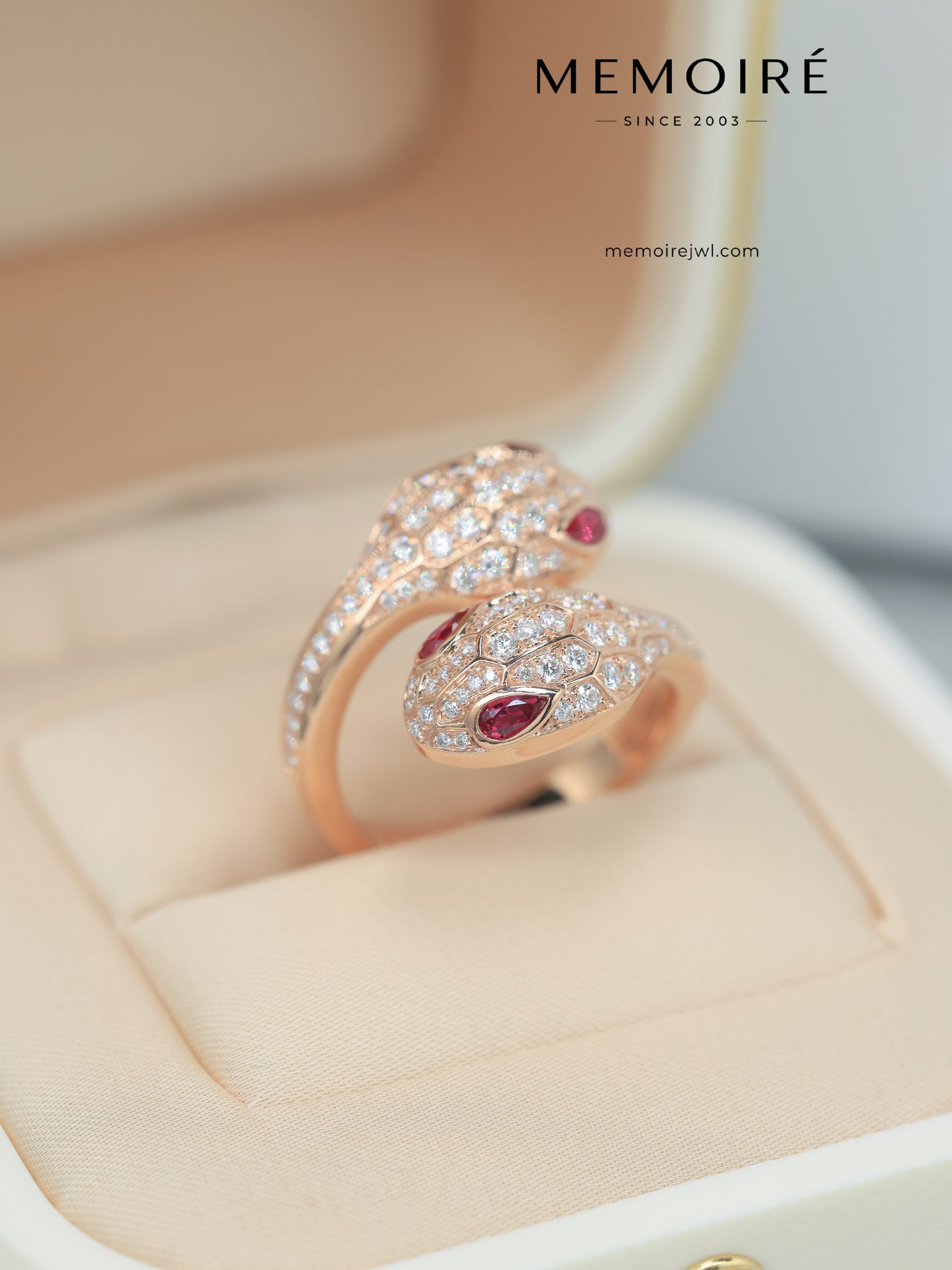 MEMOIRÉ 18K Rose Gold Diamond and Ruby Serpent Ring - Image 3