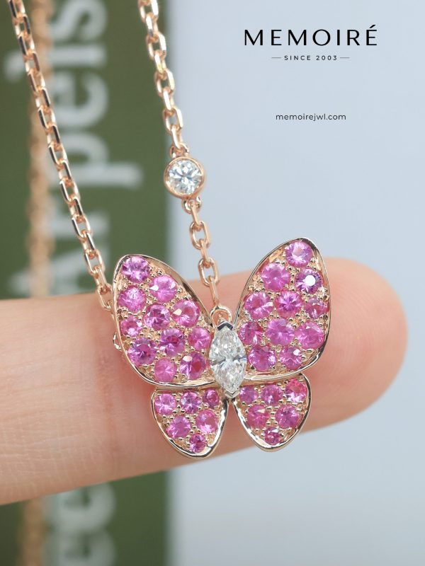 MEMOIRÉ 18K Rose Gold Pink Sapphire Butterfly Pendant Necklace