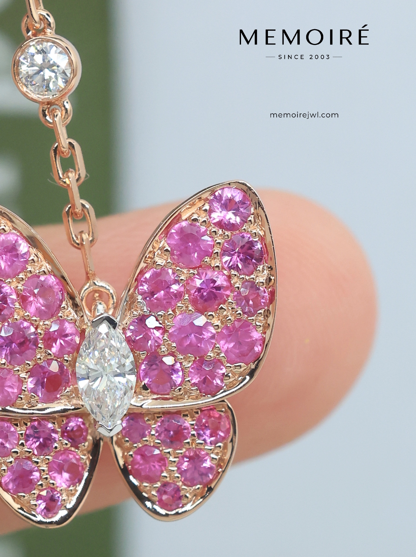 MEMOIRÉ 18K Rose Gold Pink Sapphire Butterfly Pendant Necklace - Image 3