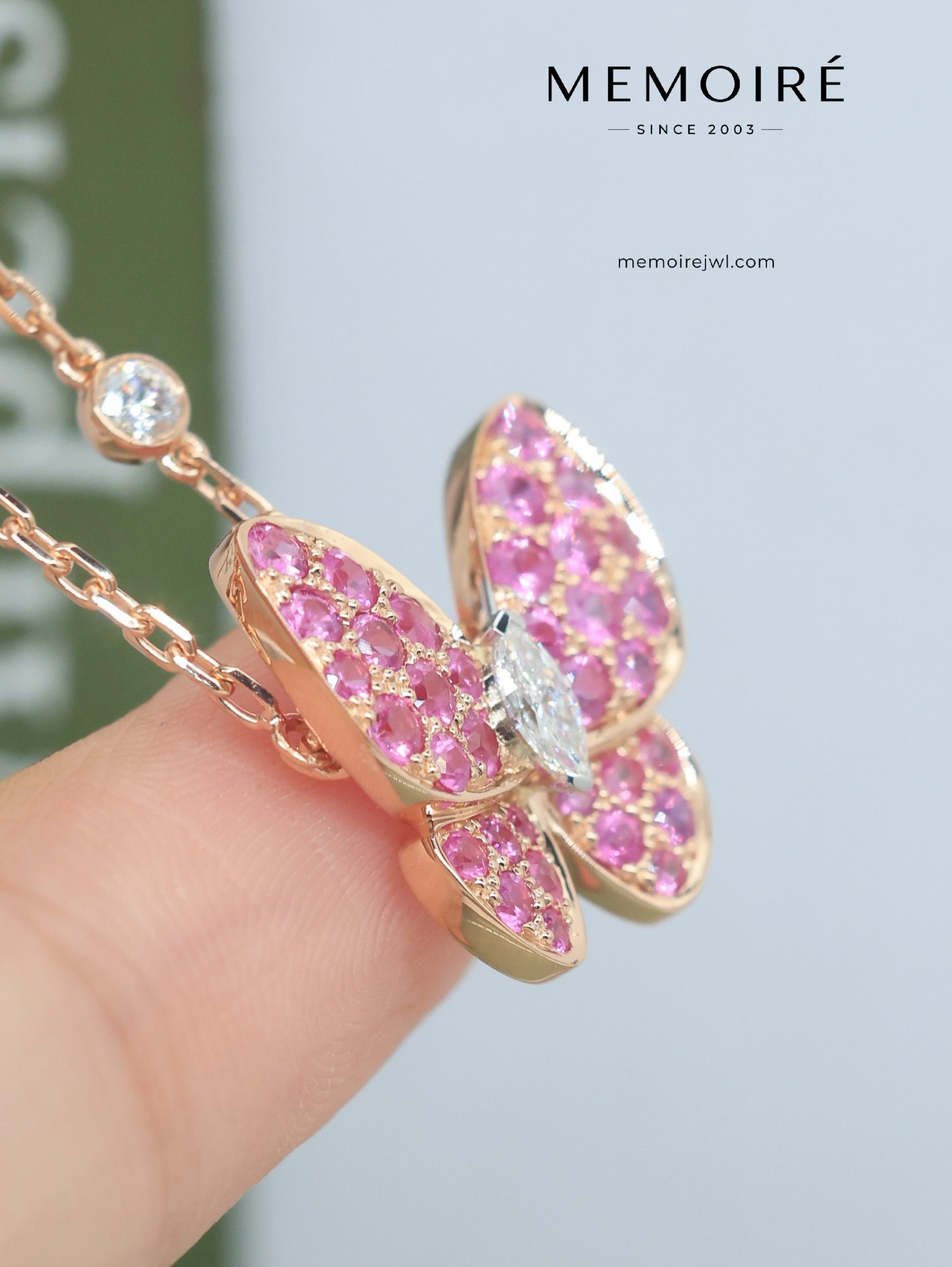 MEMOIRÉ 18K Rose Gold Pink Sapphire Butterfly Pendant Necklace - Image 4