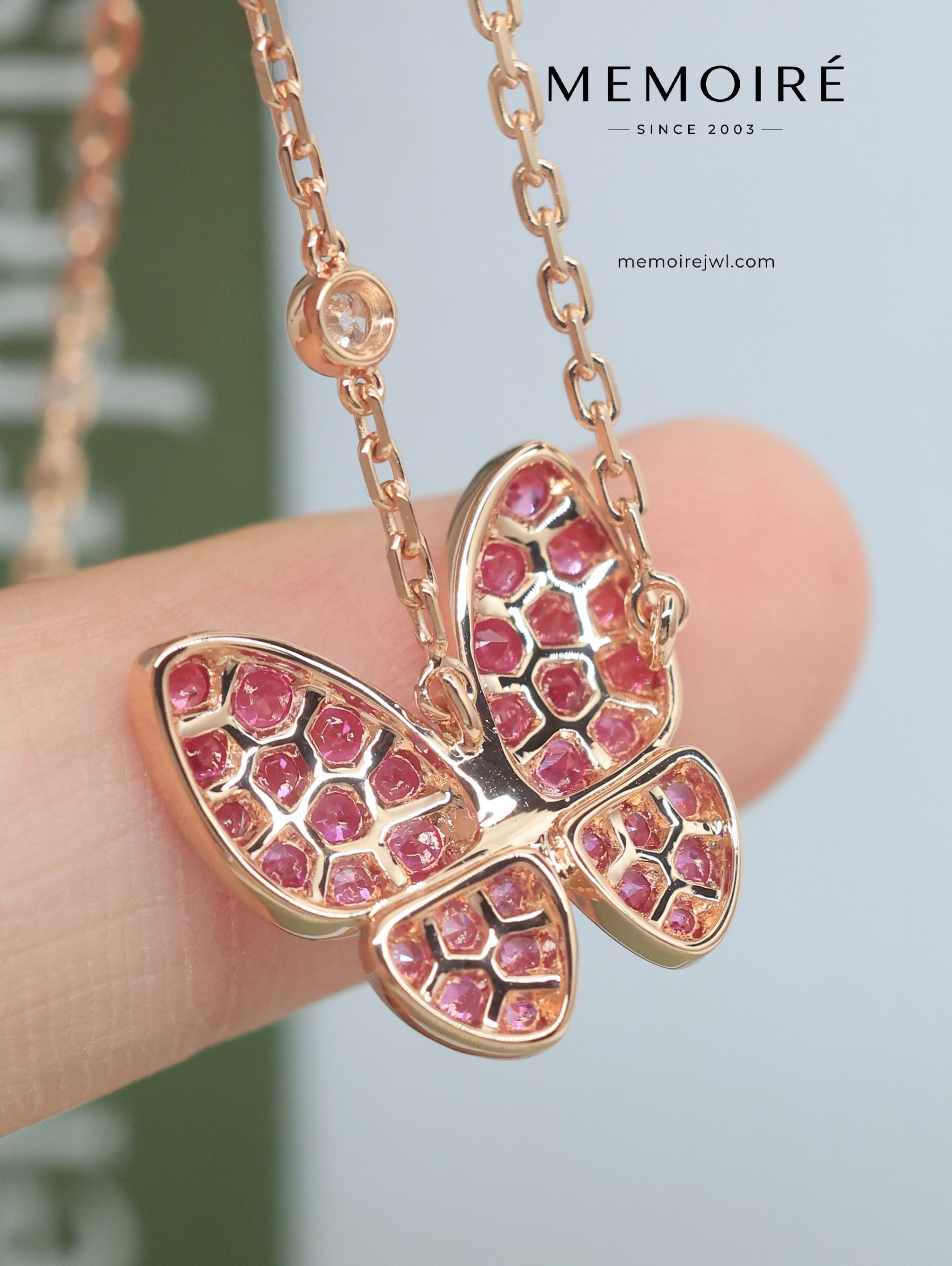 MEMOIRÉ 18K Rose Gold Pink Sapphire Butterfly Pendant Necklace - Image 5