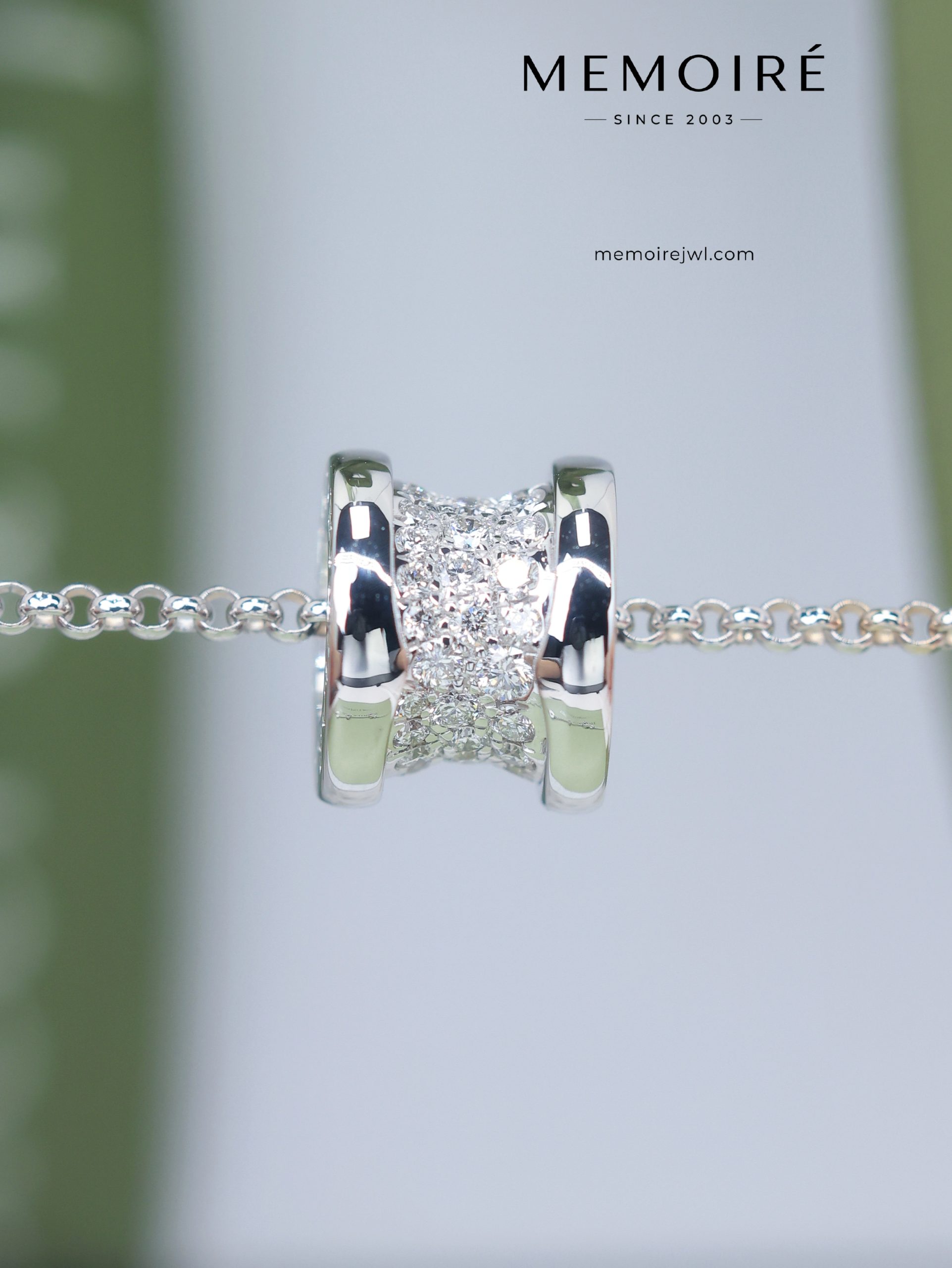 MEMOIRÉ 18K White Gold Full Diamond Barrel Pendant Necklace - Image 5