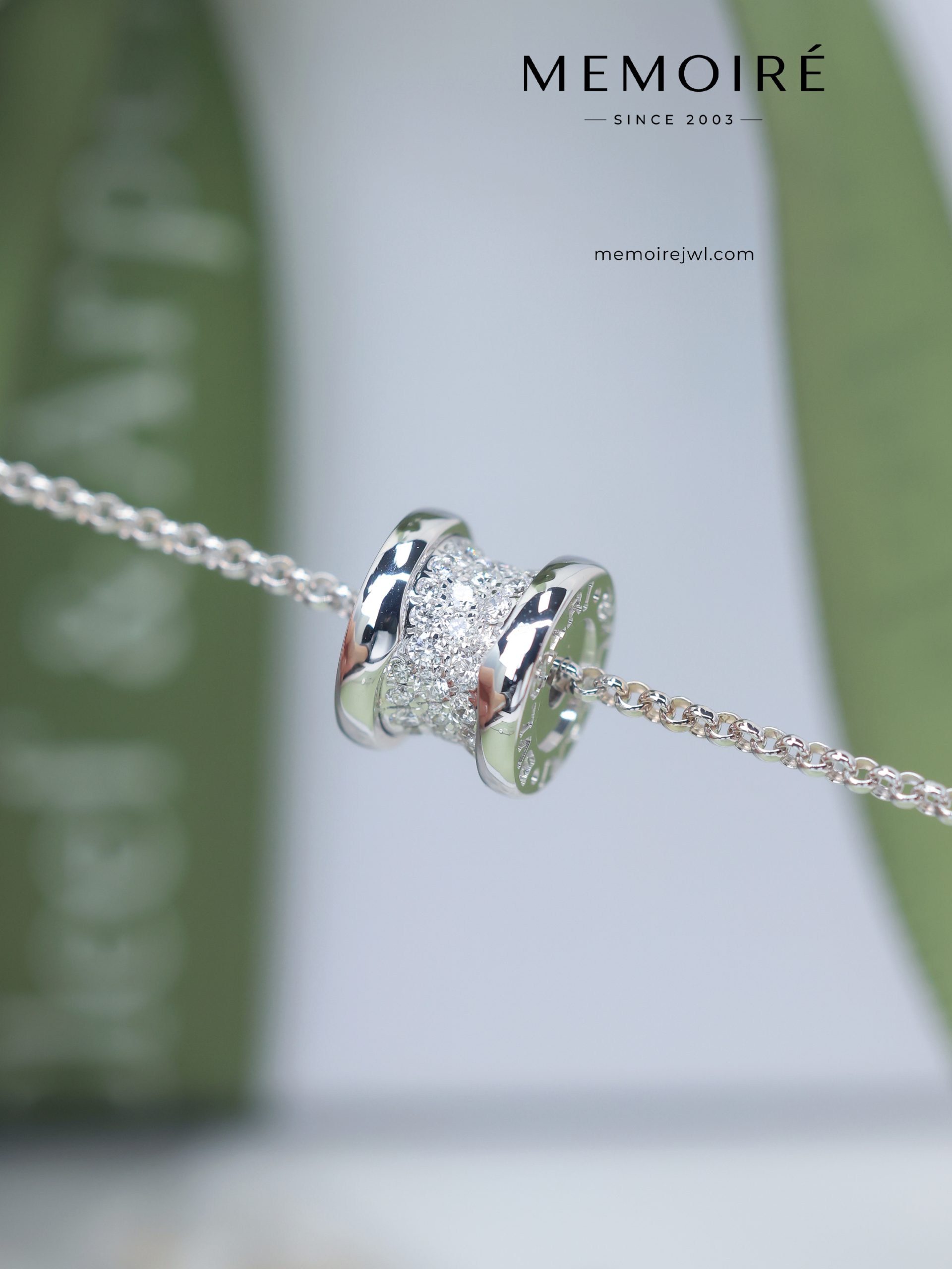 MEMOIRÉ 18K White Gold Full Diamond Barrel Pendant Necklace - Image 4