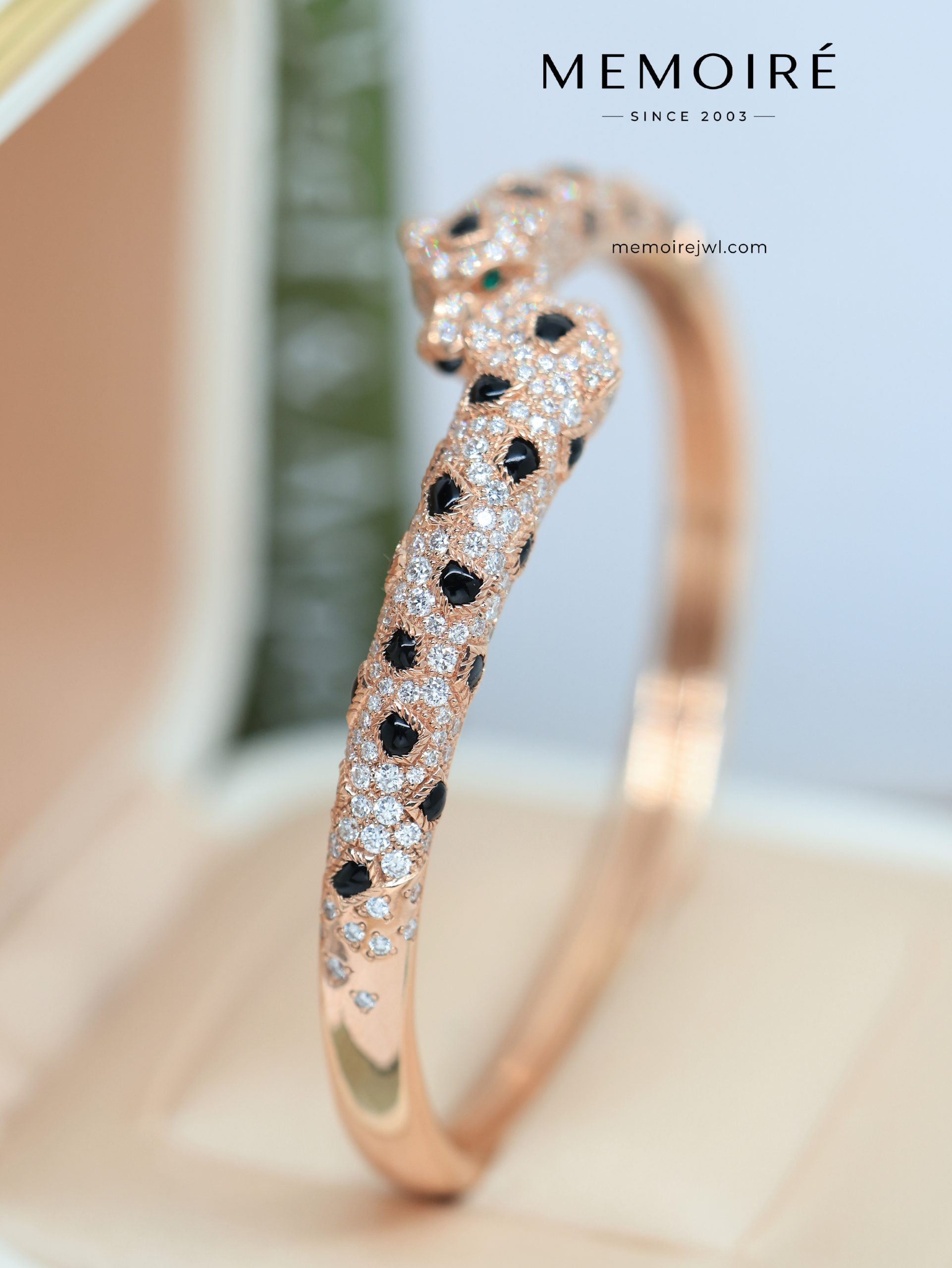 MEMOIRÉ 18K Rose Gold Diamond & Onyx Panther Cuff Bangle - Image 3