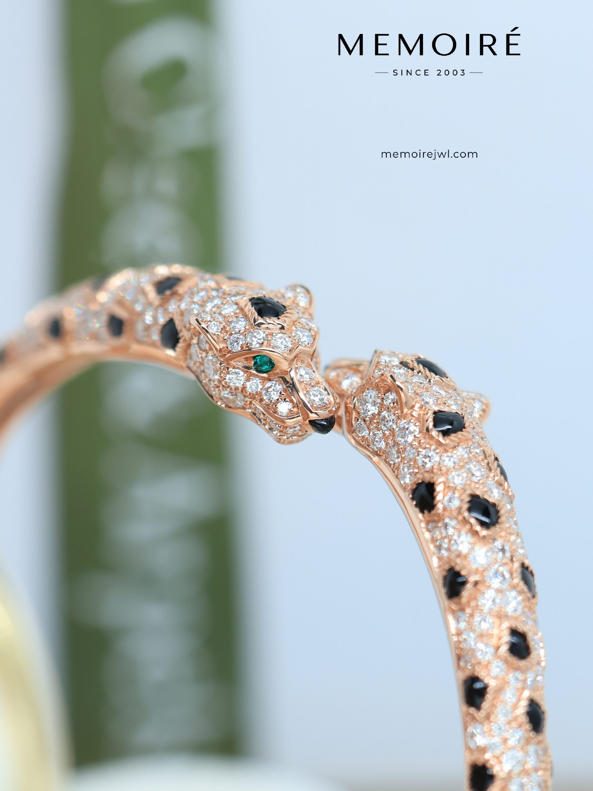 MEMOIRÉ 18K Rose Gold Diamond & Onyx Panther Cuff Bangle - Image 4