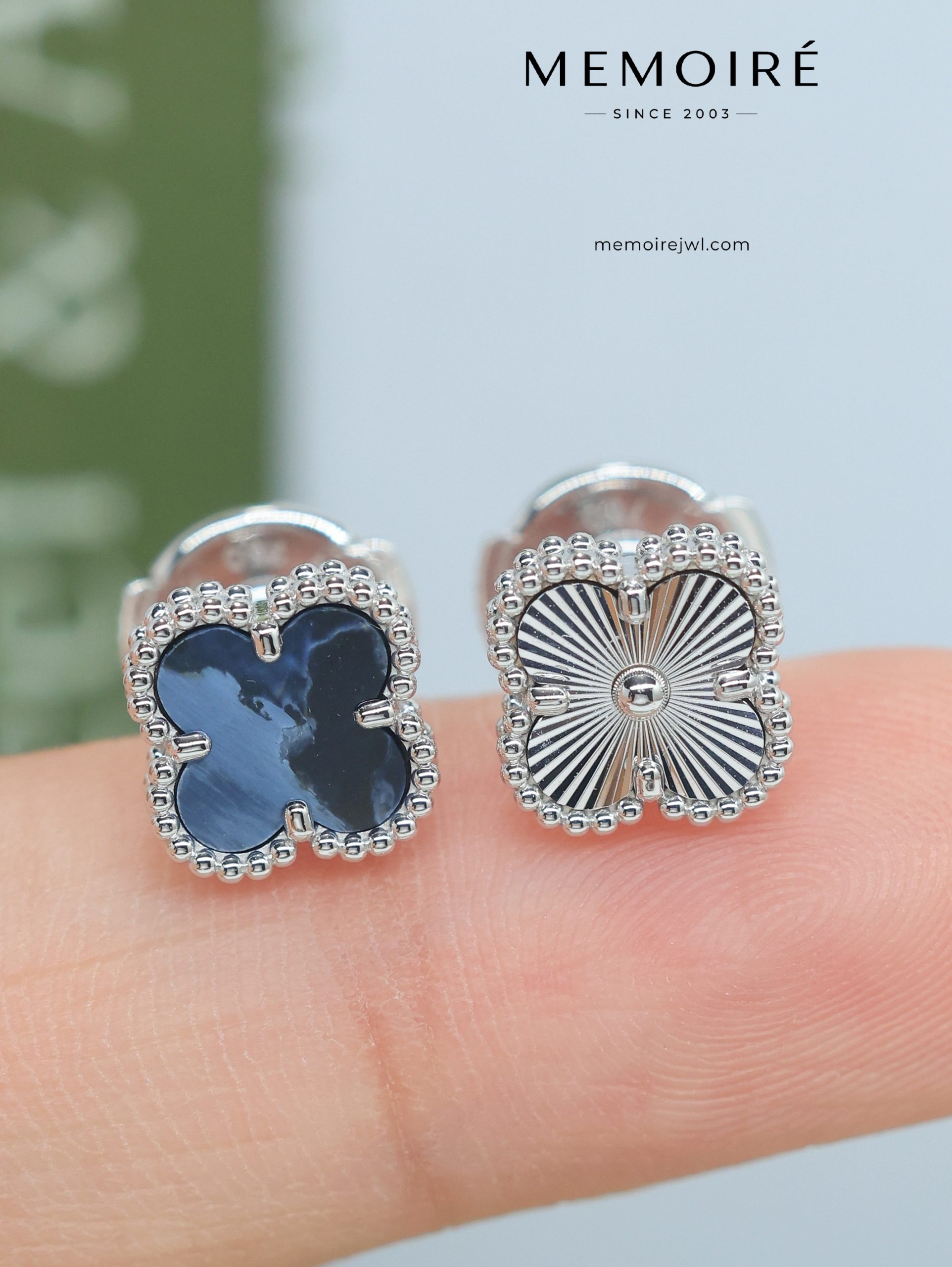 MEMOIRÉ 18K White Gold Blue Pietersite Clover Stud Earrings