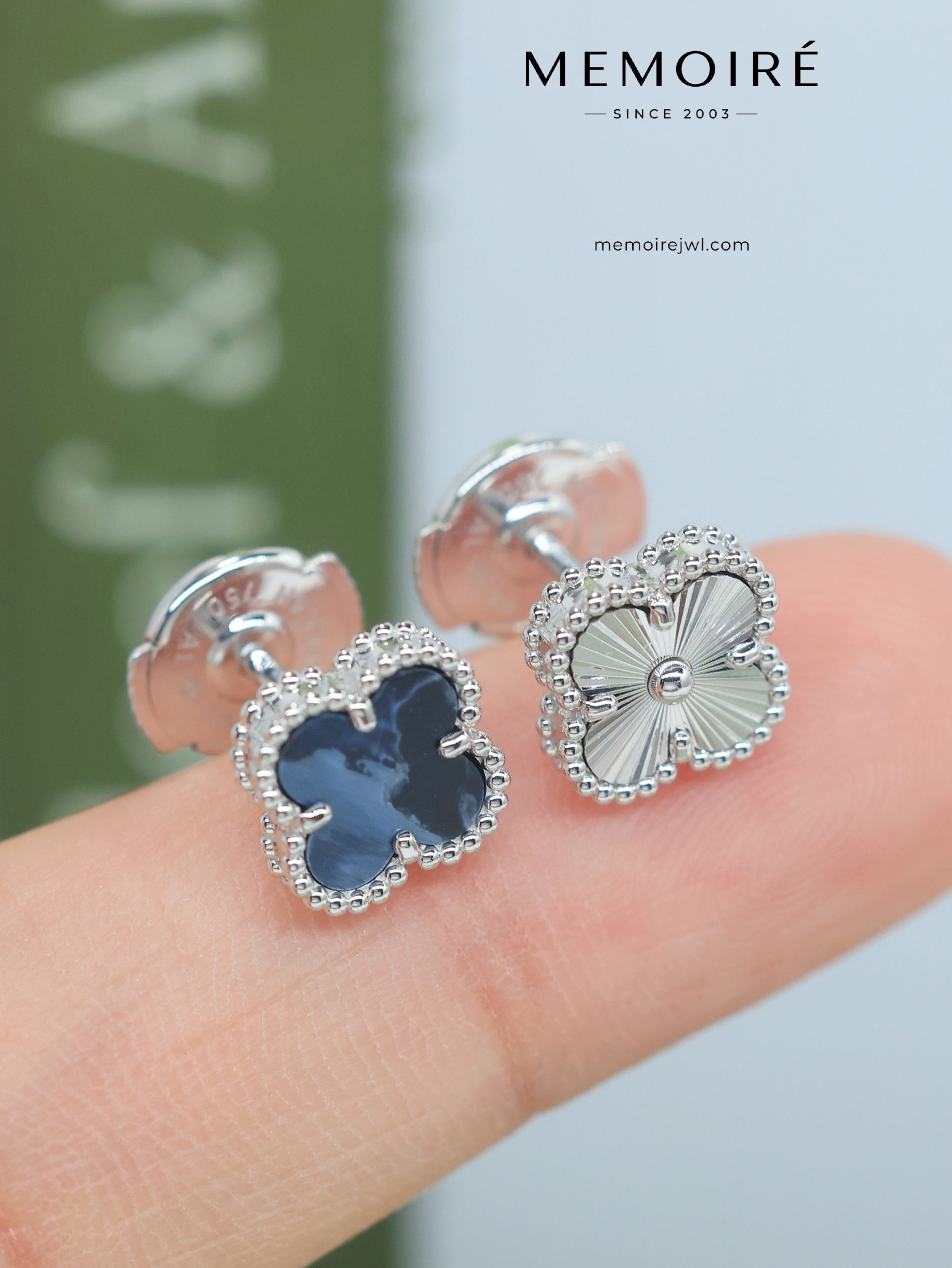 MEMOIRÉ 18K White Gold Blue Pietersite Clover Stud Earrings - Image 3