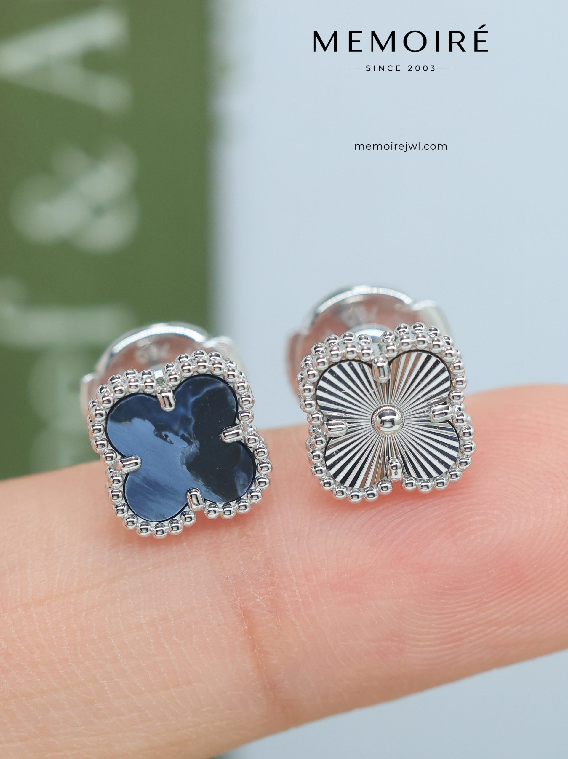 MEMOIRÉ 18K White Gold Blue Pietersite Clover Stud Earrings - Image 4