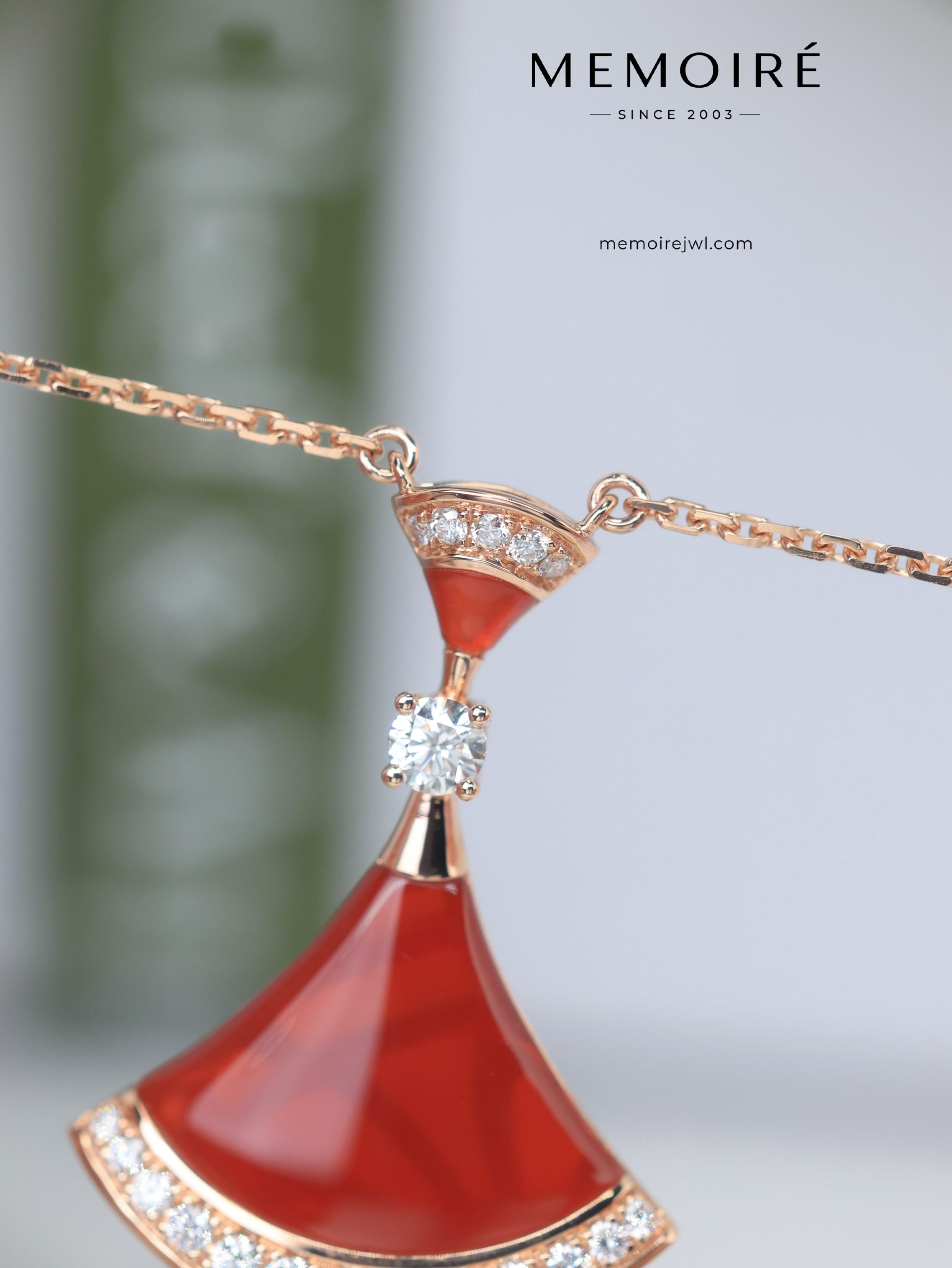 MEMOIRÉ 18K Rose Gold Carnelian & Diamond Fan Pendant Necklace - Image 3