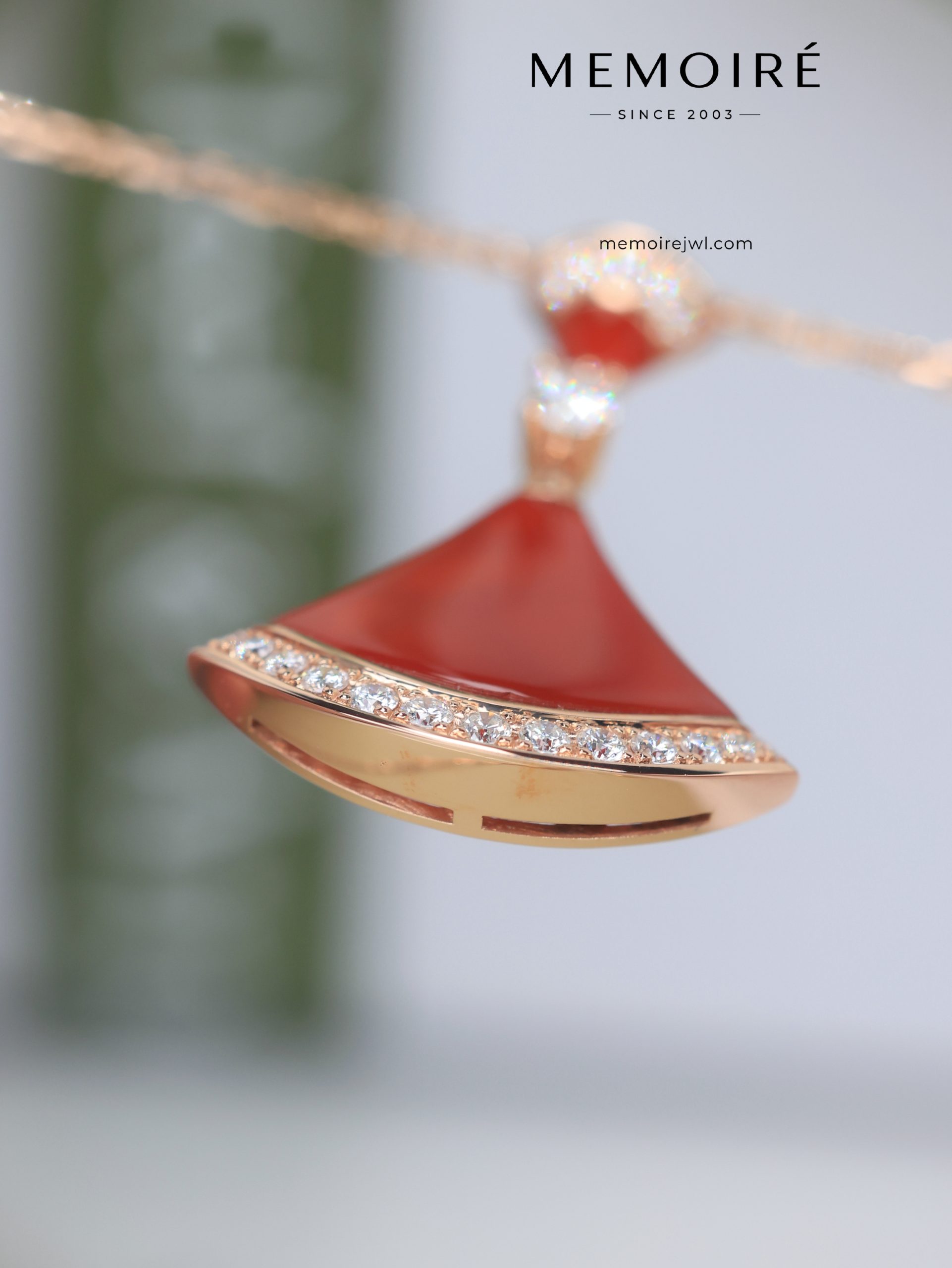 MEMOIRÉ 18K Rose Gold Carnelian & Diamond Fan Pendant Necklace - Image 5