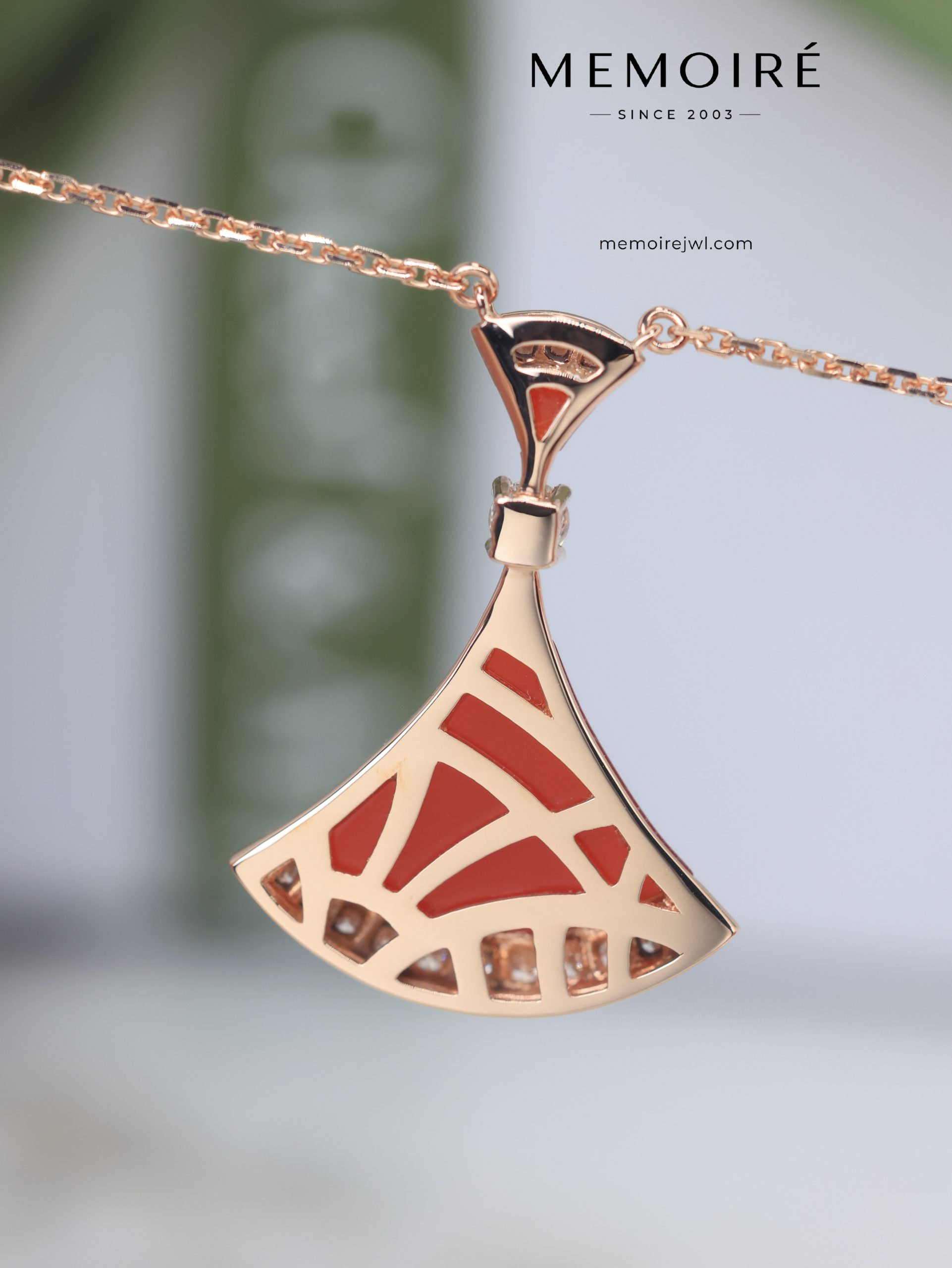MEMOIRÉ 18K Rose Gold Carnelian & Diamond Fan Pendant Necklace - Image 4
