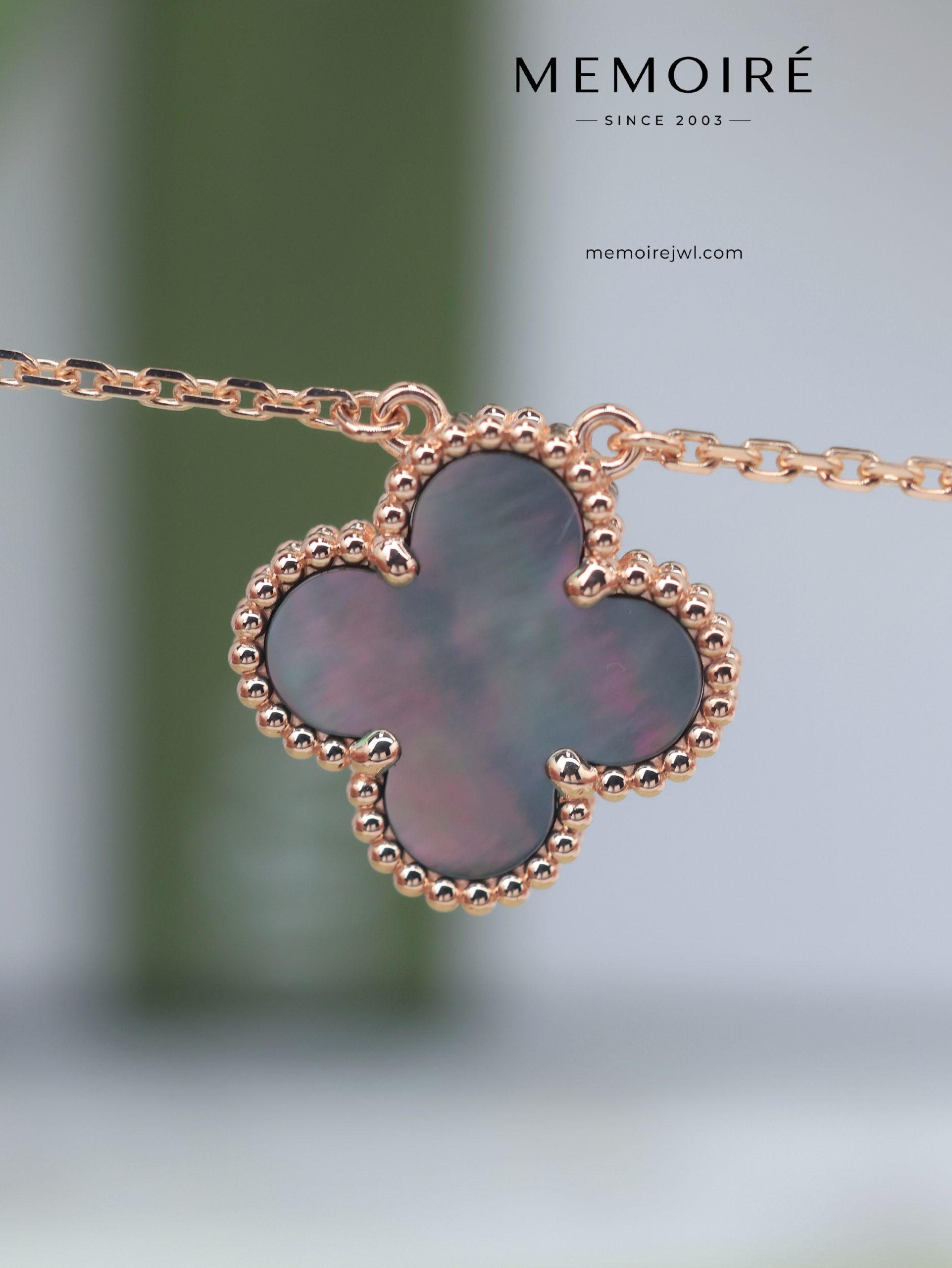 MEMOIRÉ 18K Rose Gold Grey Mother-of-Pearl Clover Pendant Necklace - Image 3