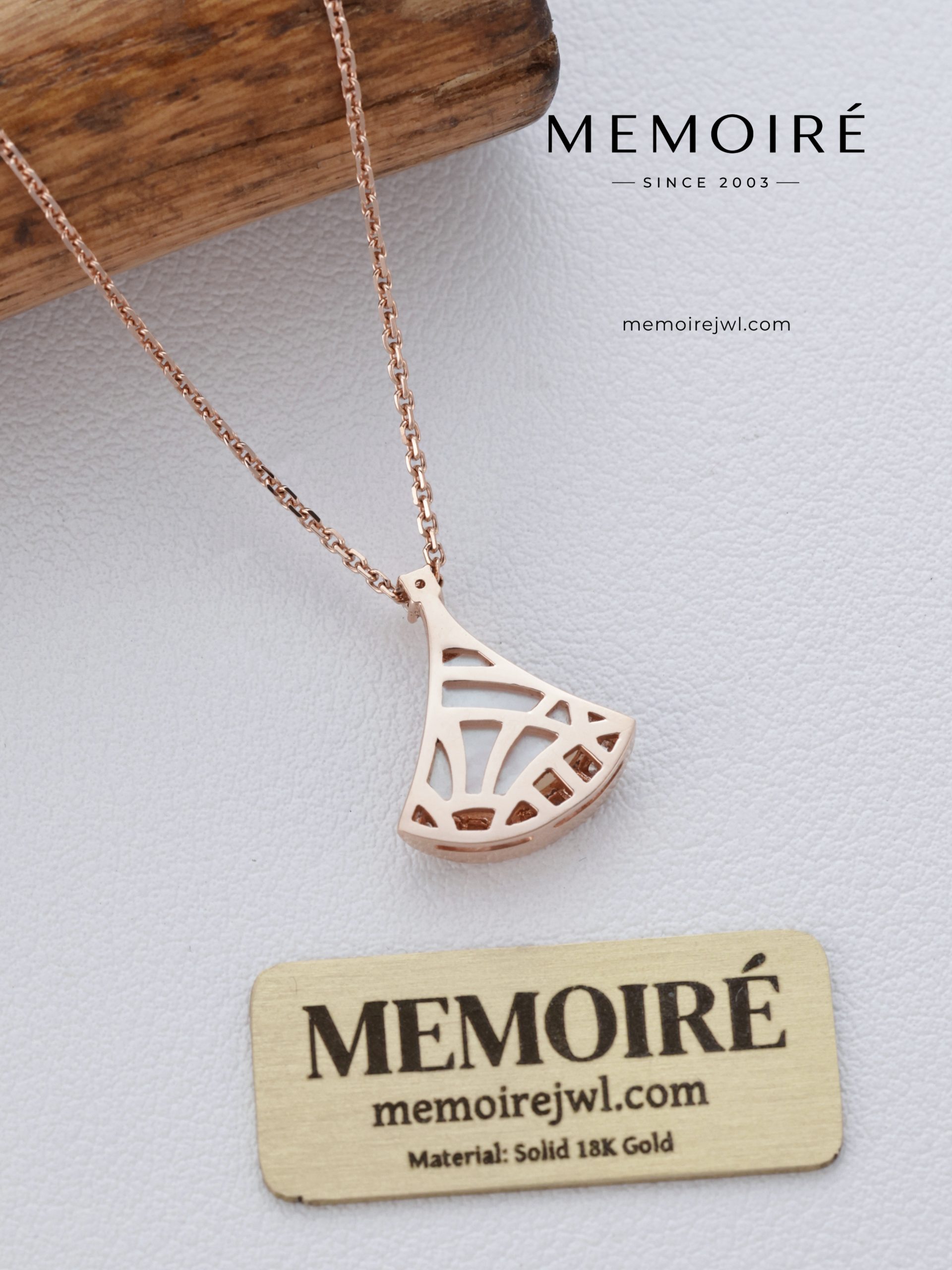 Memoire Rose Gold White Mother-of-Pearl Fan Necklace With Row Diamonds - Image 5