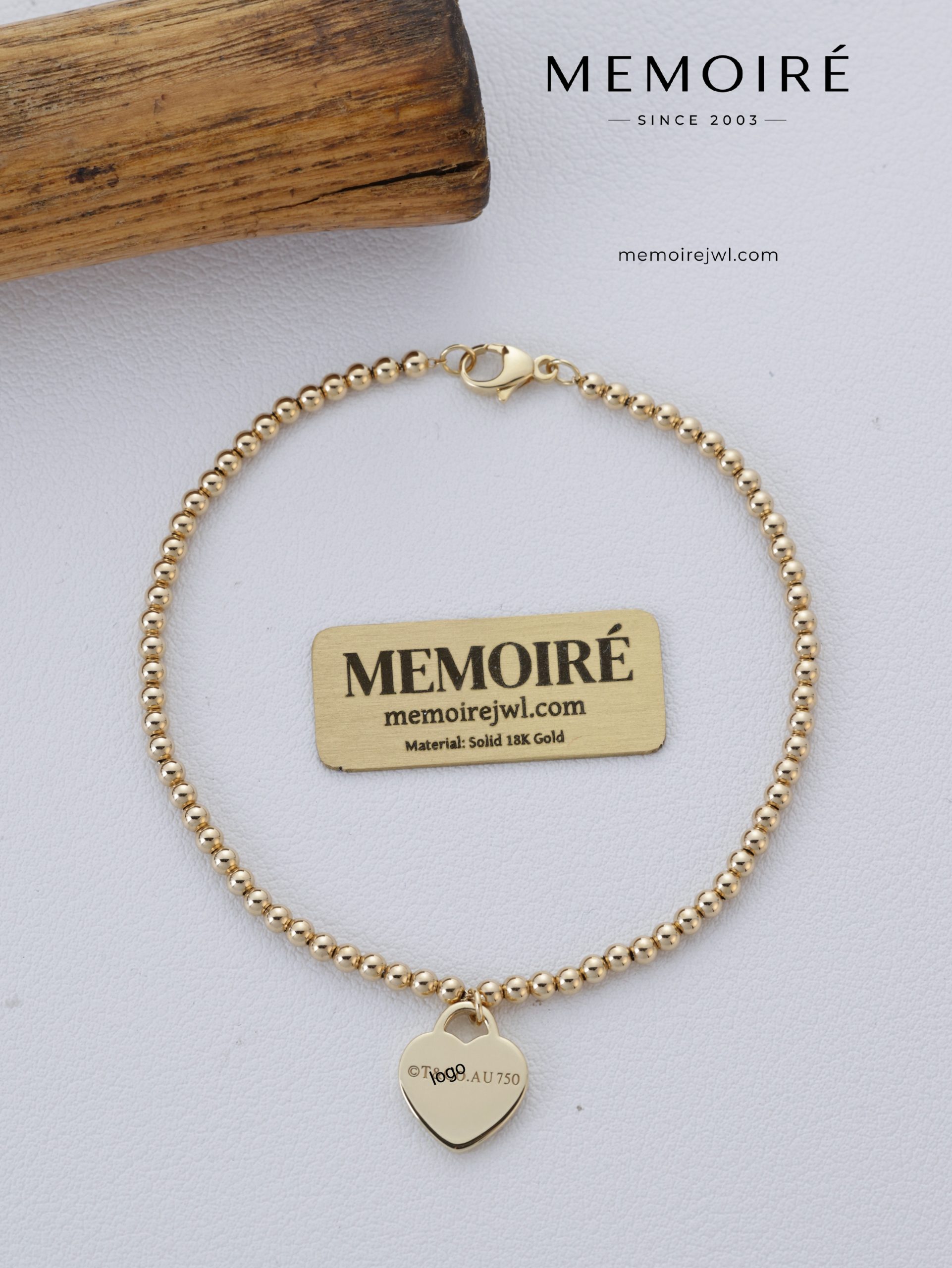 MEMOIRÉ Yellow Gold 4mm Beaded Heart Tag Bracelet - Image 3