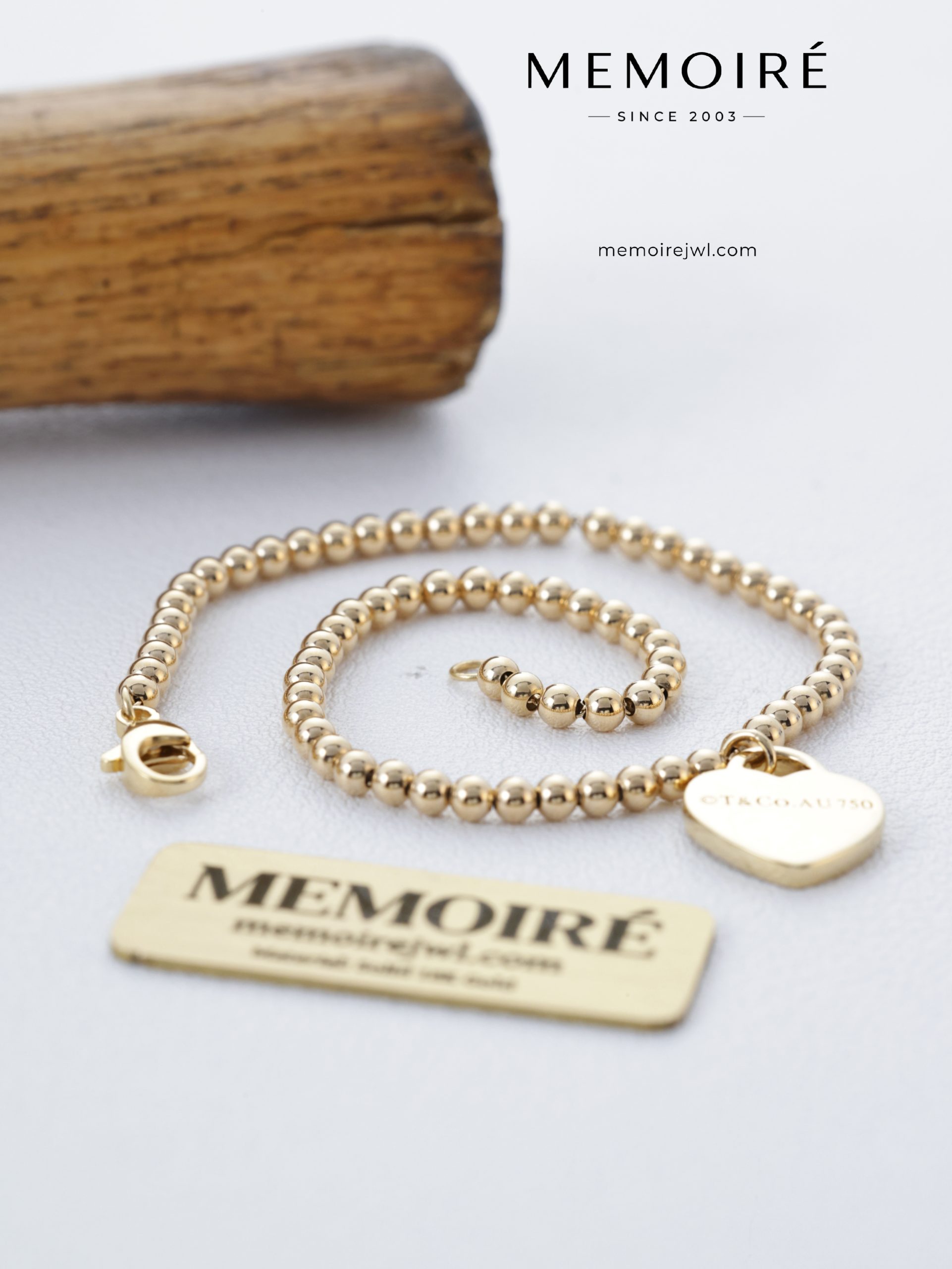 MEMOIRÉ Yellow Gold 4mm Beaded Heart Tag Bracelet - Image 5