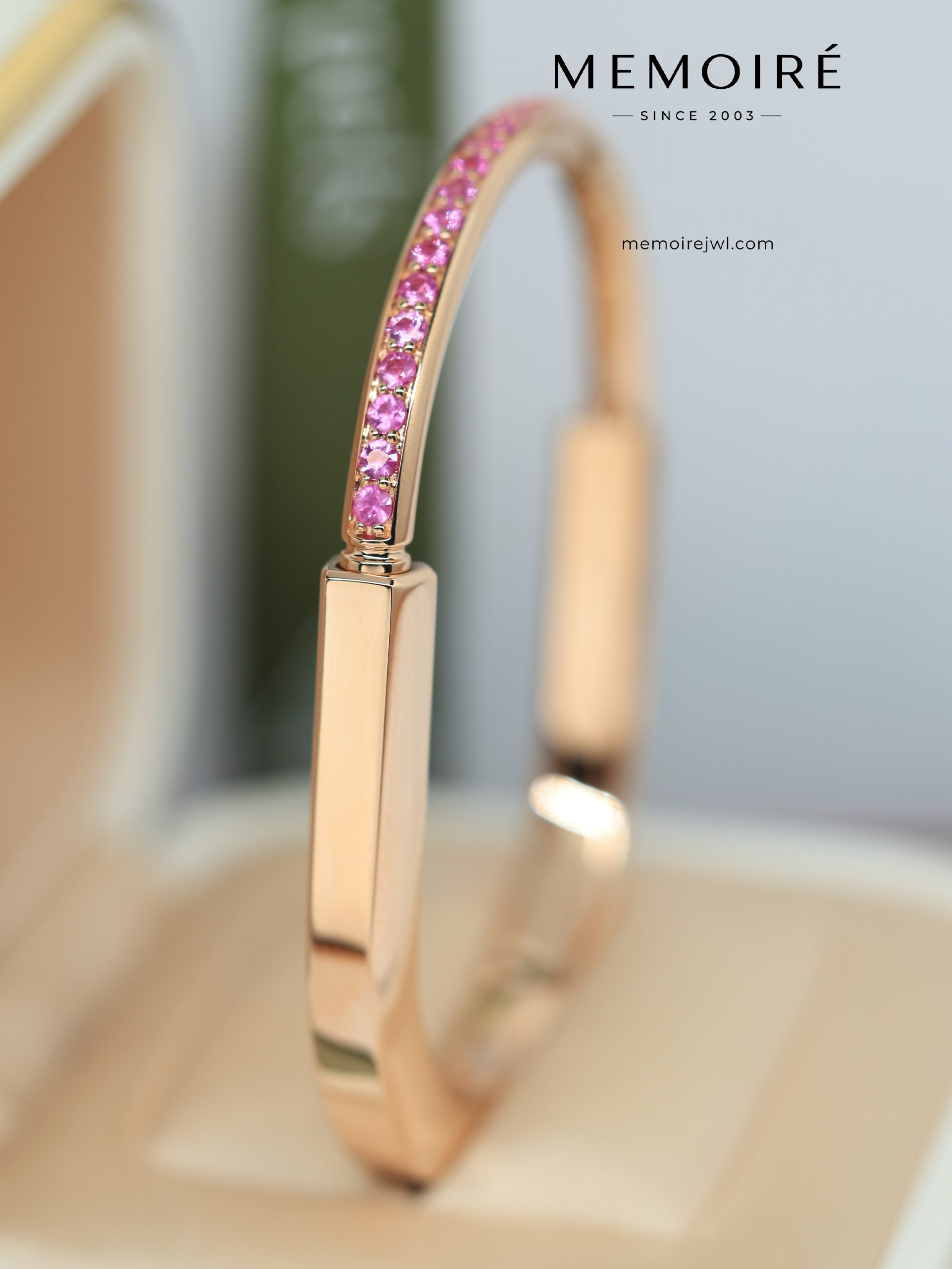 MEMOIRÉ Wide Half Pave Pink Sapphire Lock U-Cuff Bangle in Rose Gold - Image 3
