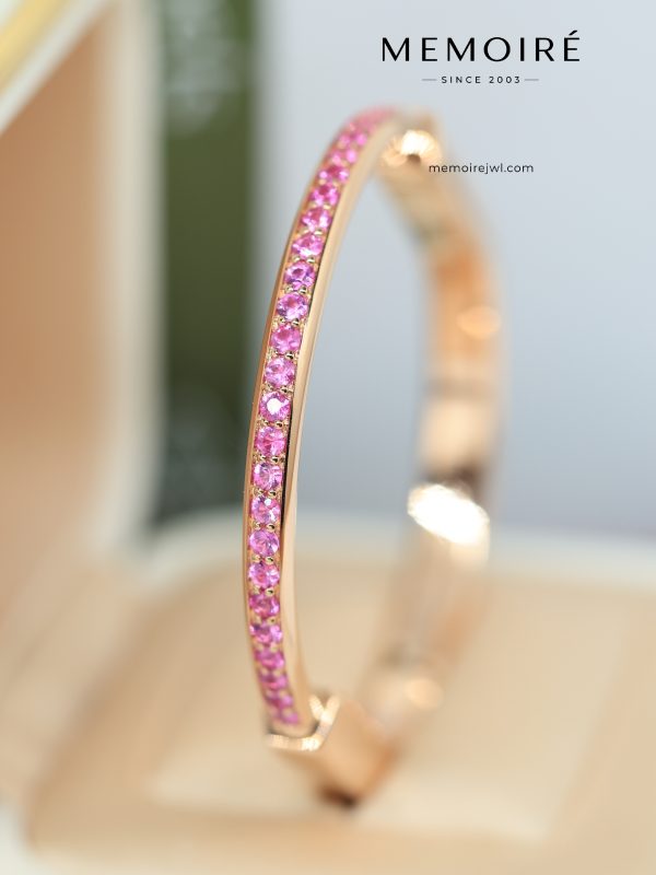 MEMOIRÉ Wide Half Pave Pink Sapphire Lock U-Cuff Bangle in Rose Gold
