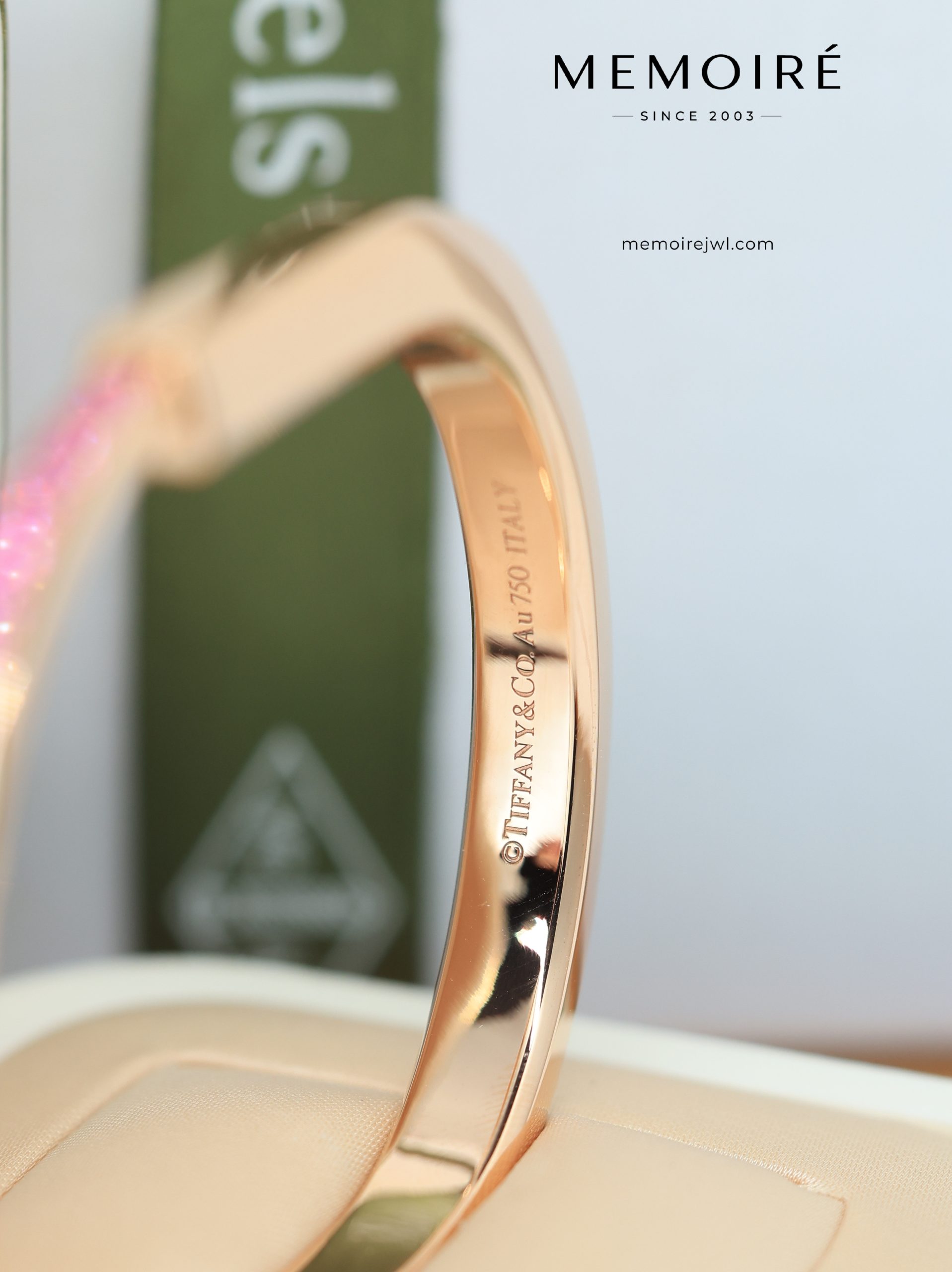 MEMOIRÉ Wide Half Pave Pink Sapphire Lock U-Cuff Bangle in Rose Gold - Image 5