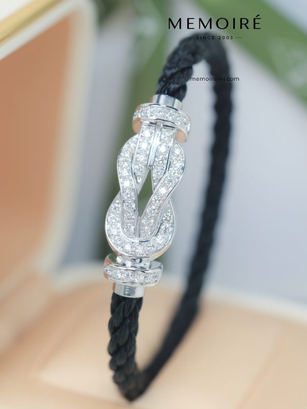 MEMOIRÉ White Gold Large Full-Pave Figure-Eight Buckle Black Nylon Cord Bracelet