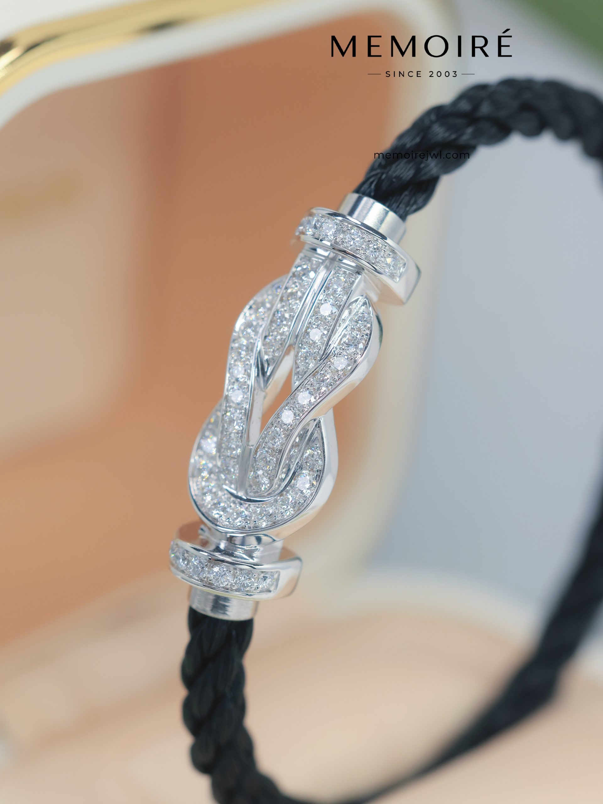 MEMOIRÉ White Gold Large Full-Pave Figure-Eight Buckle Black Nylon Cord Bracelet - Image 3