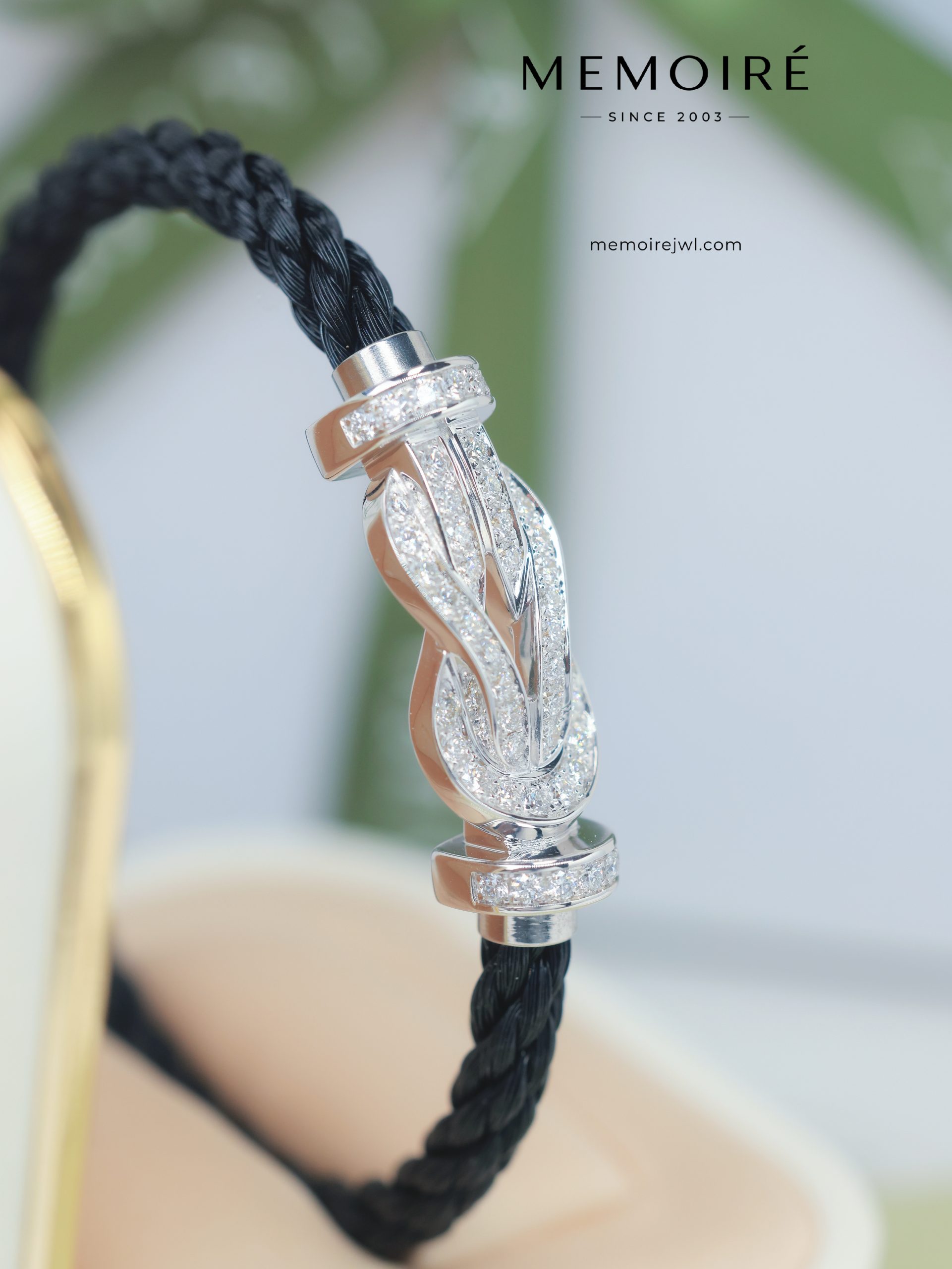 MEMOIRÉ White Gold Large Full-Pave Figure-Eight Buckle Black Nylon Cord Bracelet - Image 4