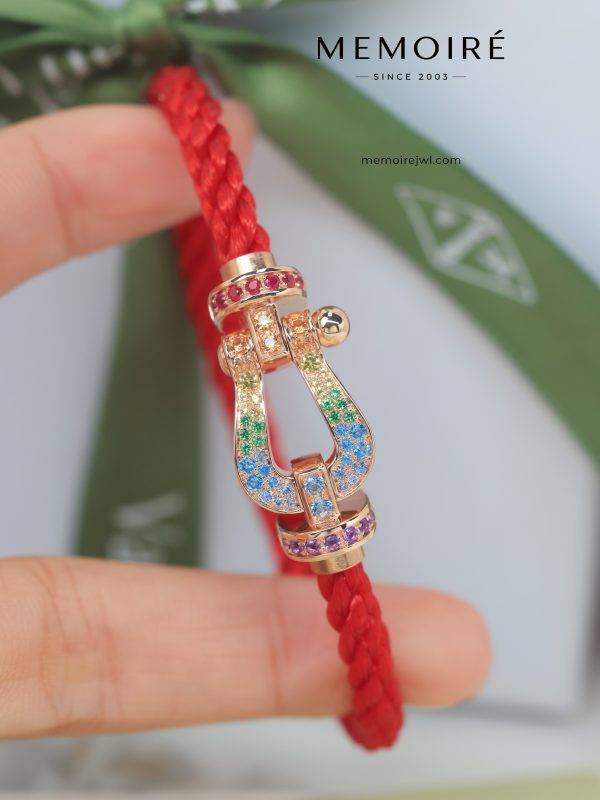 MEMOIRÉ Rose Gold Large Multicolored Gemstone Horseshoe Buckle Red Nylon Cord Bracelet