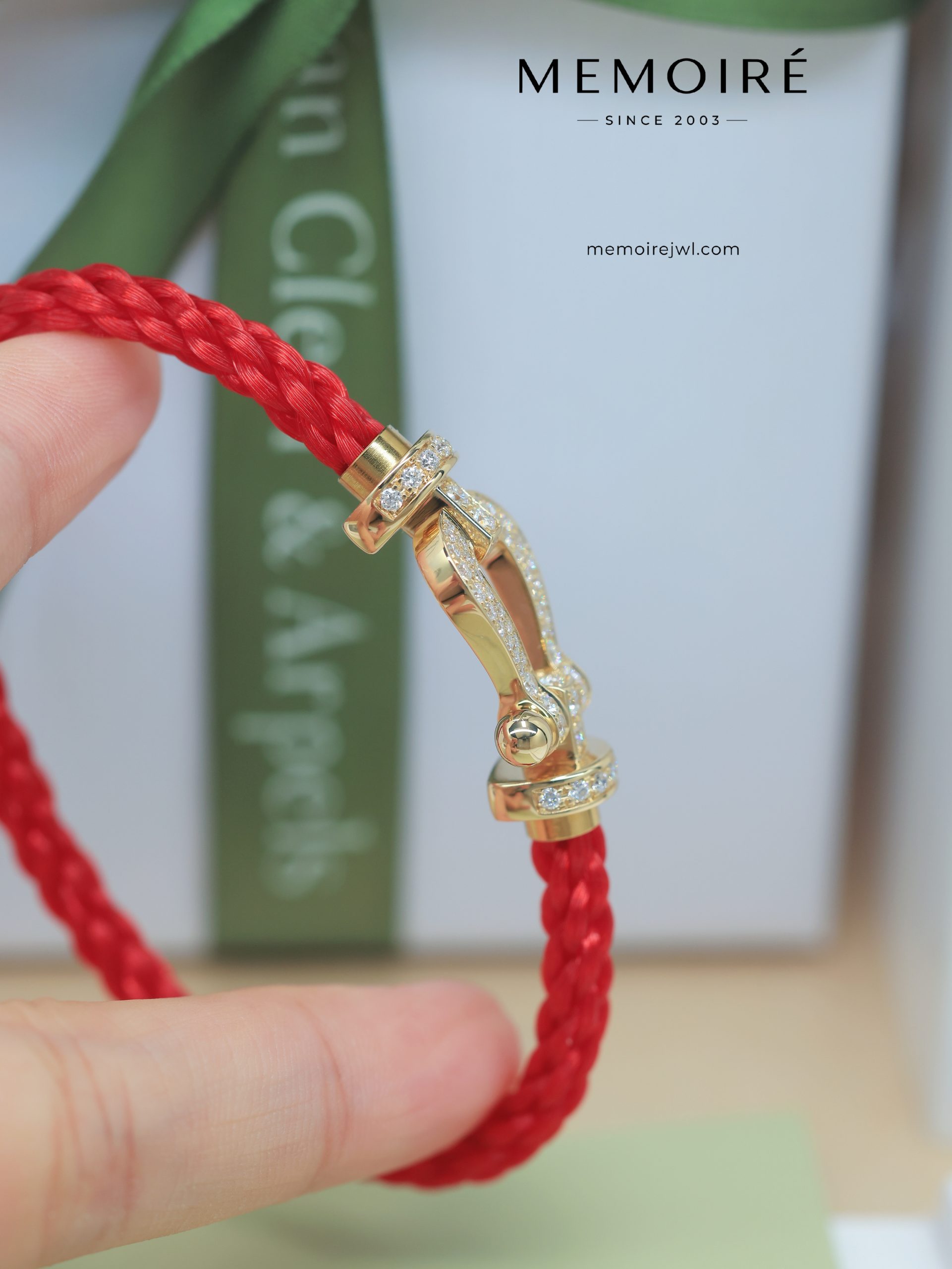 MEMOIRÉ Yellow Gold Large Full-Pave Horseshoe Buckle Red Nylon Cord Bracelet - Image 4