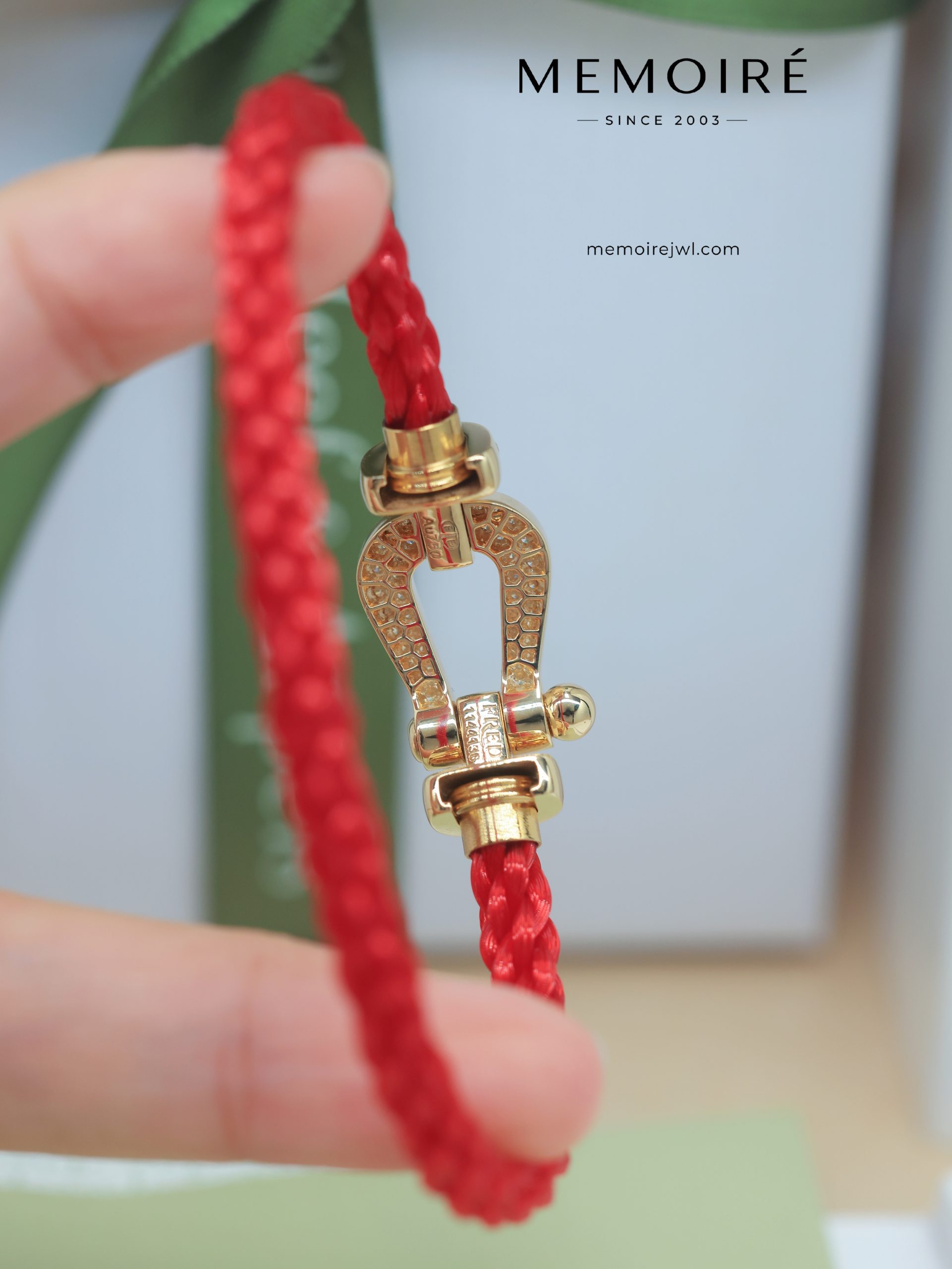 MEMOIRÉ Yellow Gold Large Full-Pave Horseshoe Buckle Red Nylon Cord Bracelet - Image 5