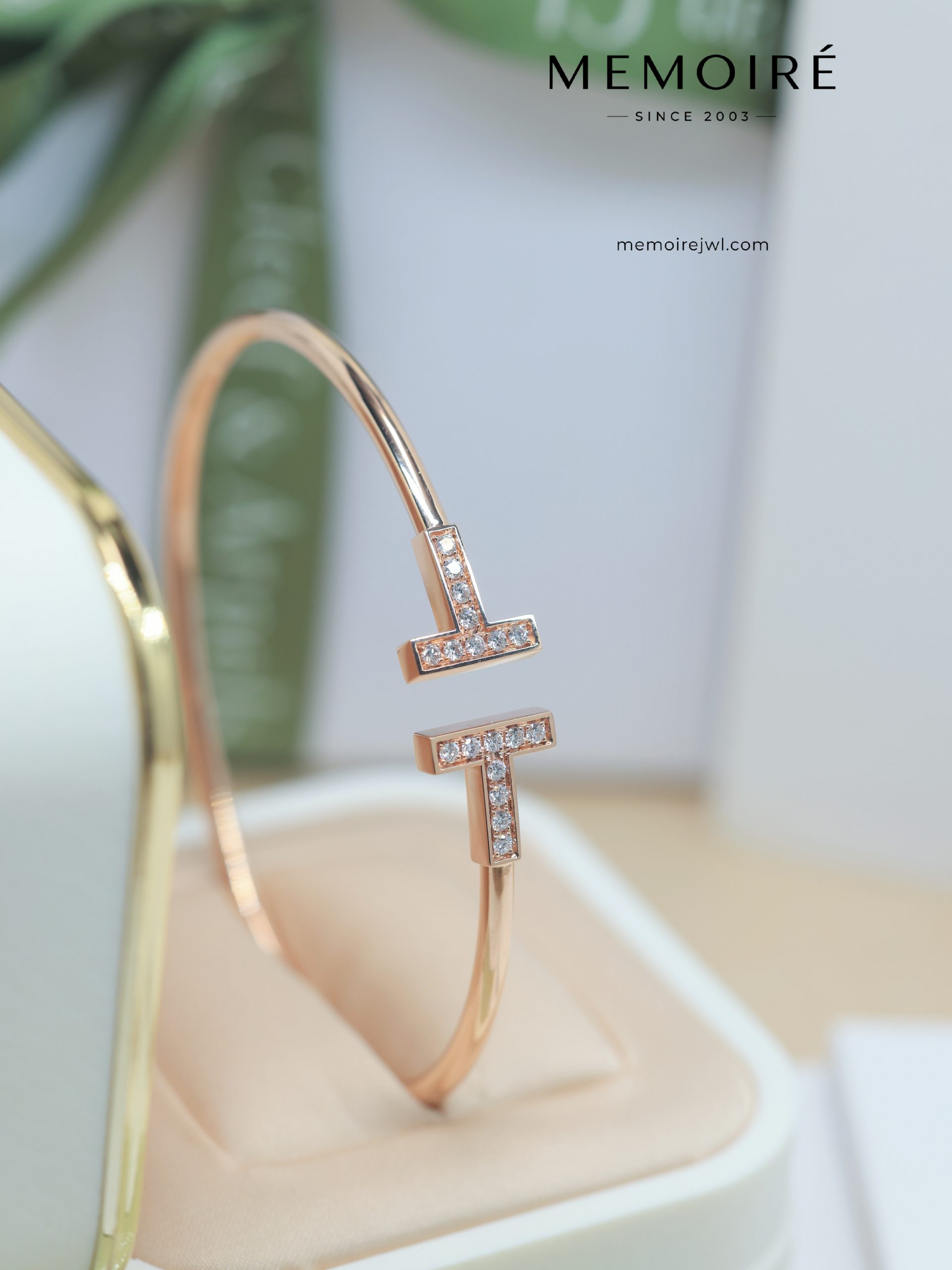 MEMOIRÉ Double T Pave Diamond Bangle in Rose Gold - Image 2