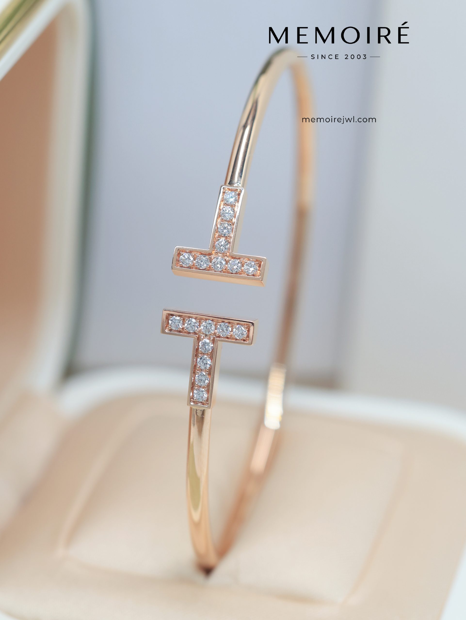 MEMOIRÉ Double T Pave Diamond Bangle in Rose Gold - Image 4