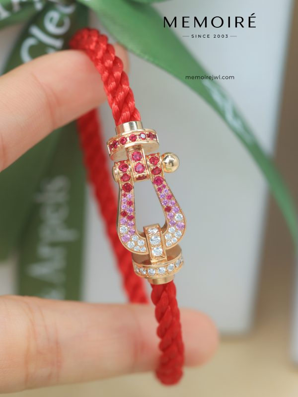 MEMOIRÉ Rose Gold Large Ruby & Diamond Horseshoe Buckle Red Nylon Cord Bracelet
