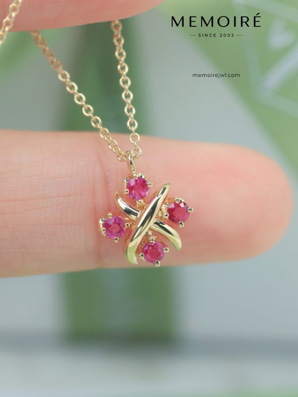 MEMOIRÉ Yellow Gold Ruby Four-Stone Cross Necklace