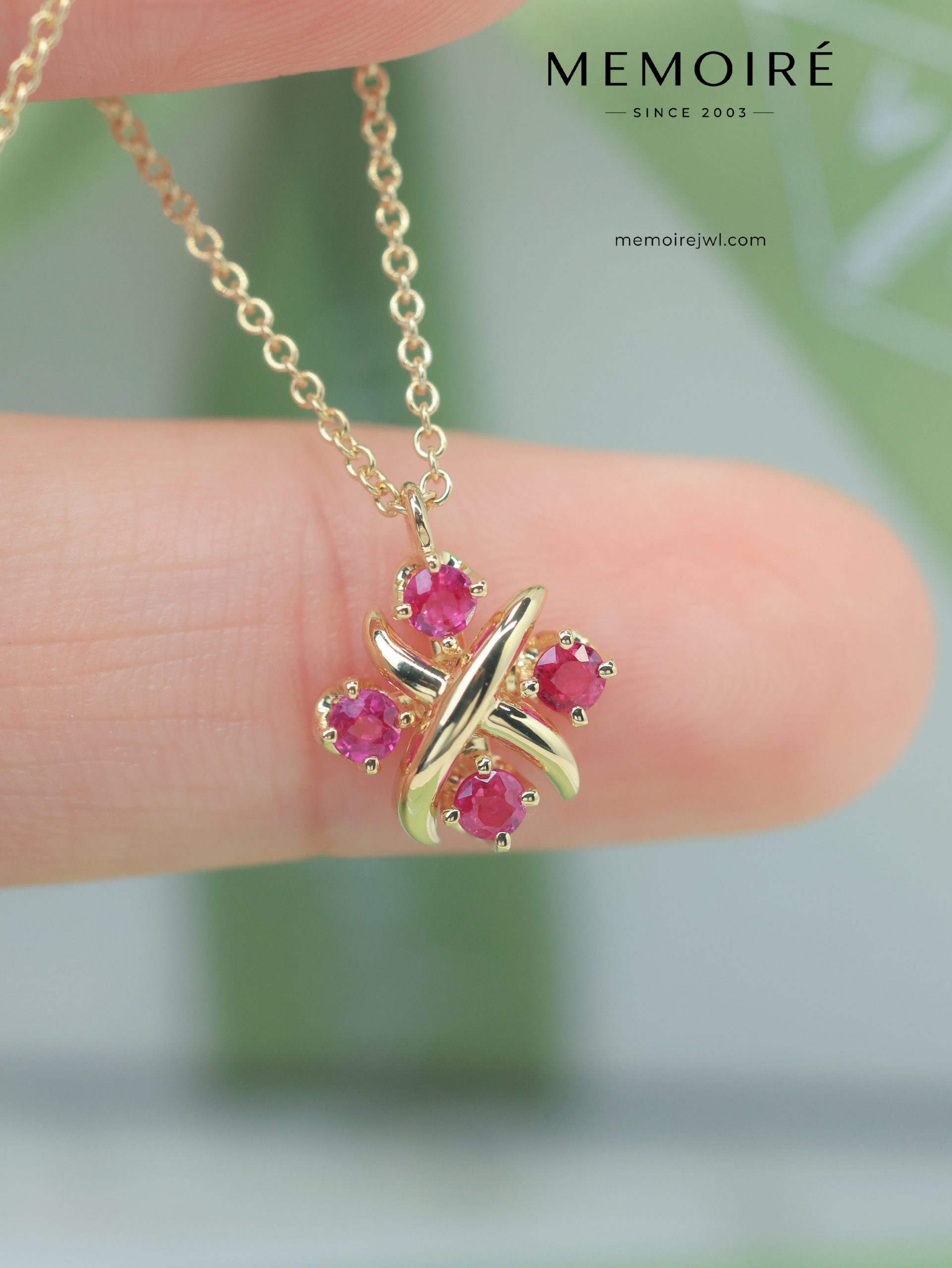 MEMOIRÉ Yellow Gold Ruby Four-Stone Cross Necklace