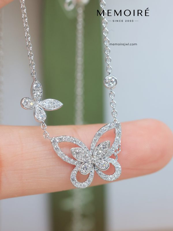 MEMOIRÉ White Gold Double Full-Pave Butterfly Necklace