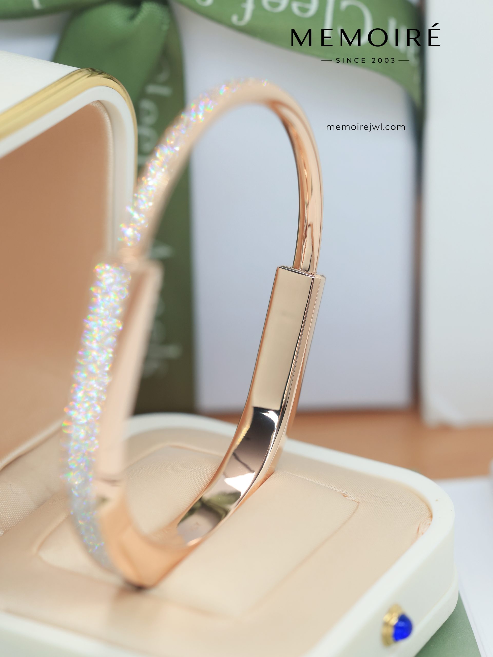 MEMOIRÉ Wide Full Pave Diamond Lock U-Cuff Bangle in Rose Gold - Image 3