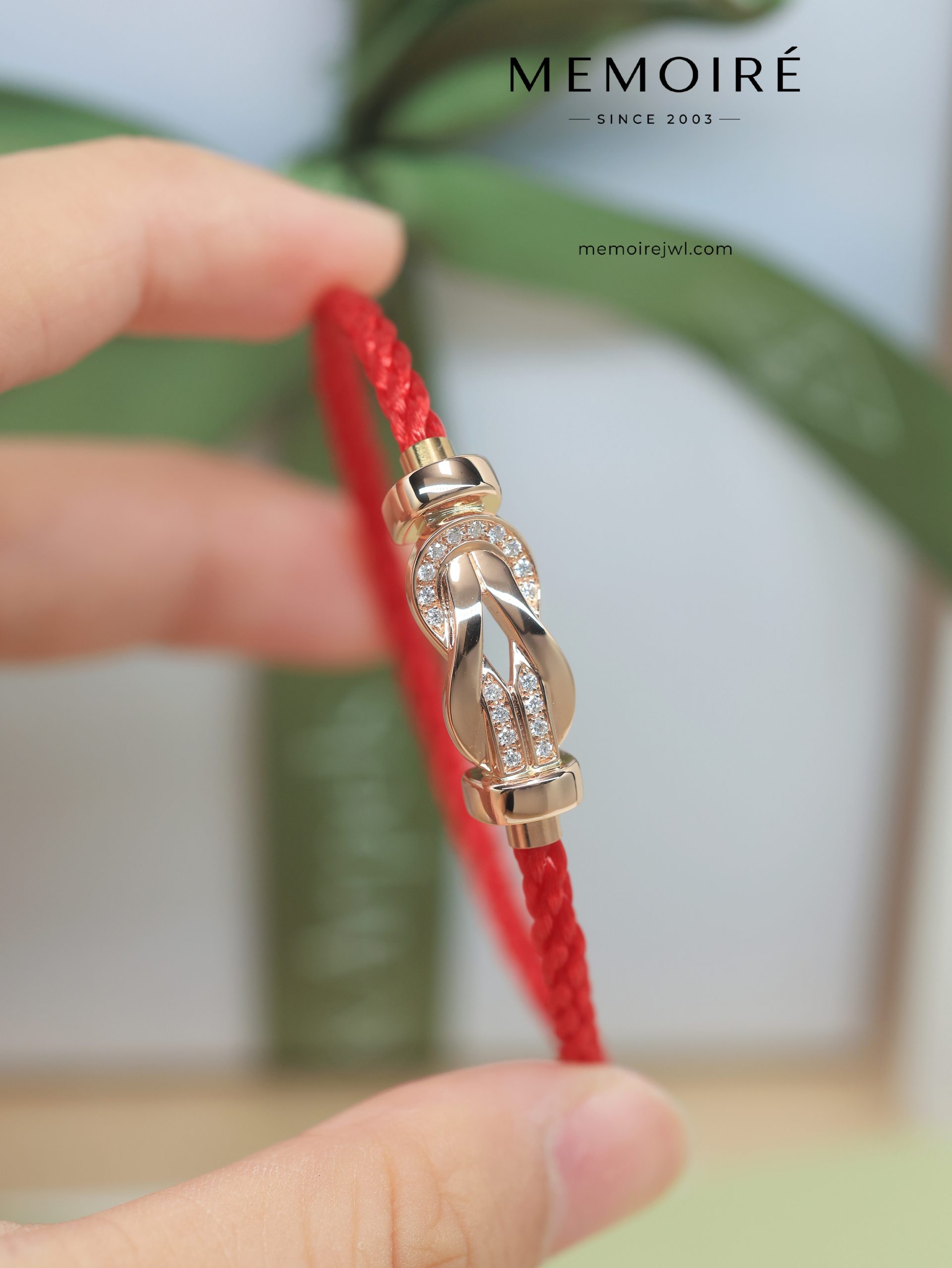 MEMOIRÉ Rose Gold Medium Half-Pave Figure-Eight Buckle Red Nylon Cord Bracelet