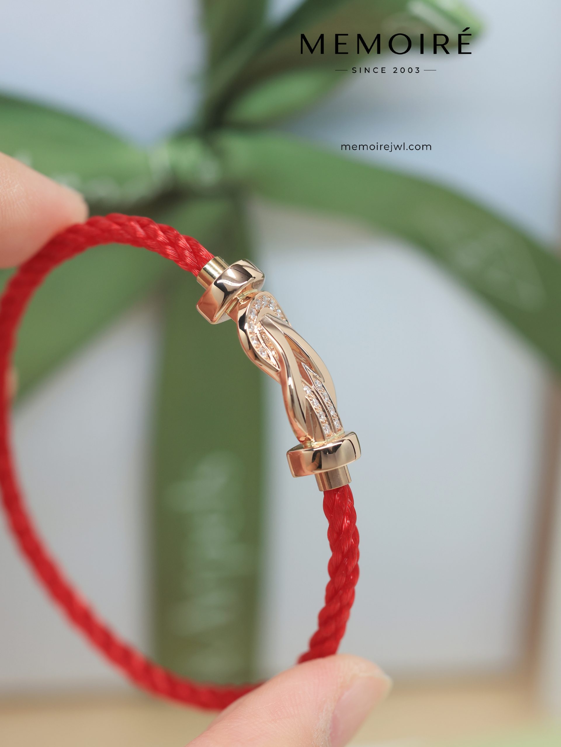 MEMOIRÉ Rose Gold Medium Half-Pave Figure-Eight Buckle Red Nylon Cord Bracelet - Image 3