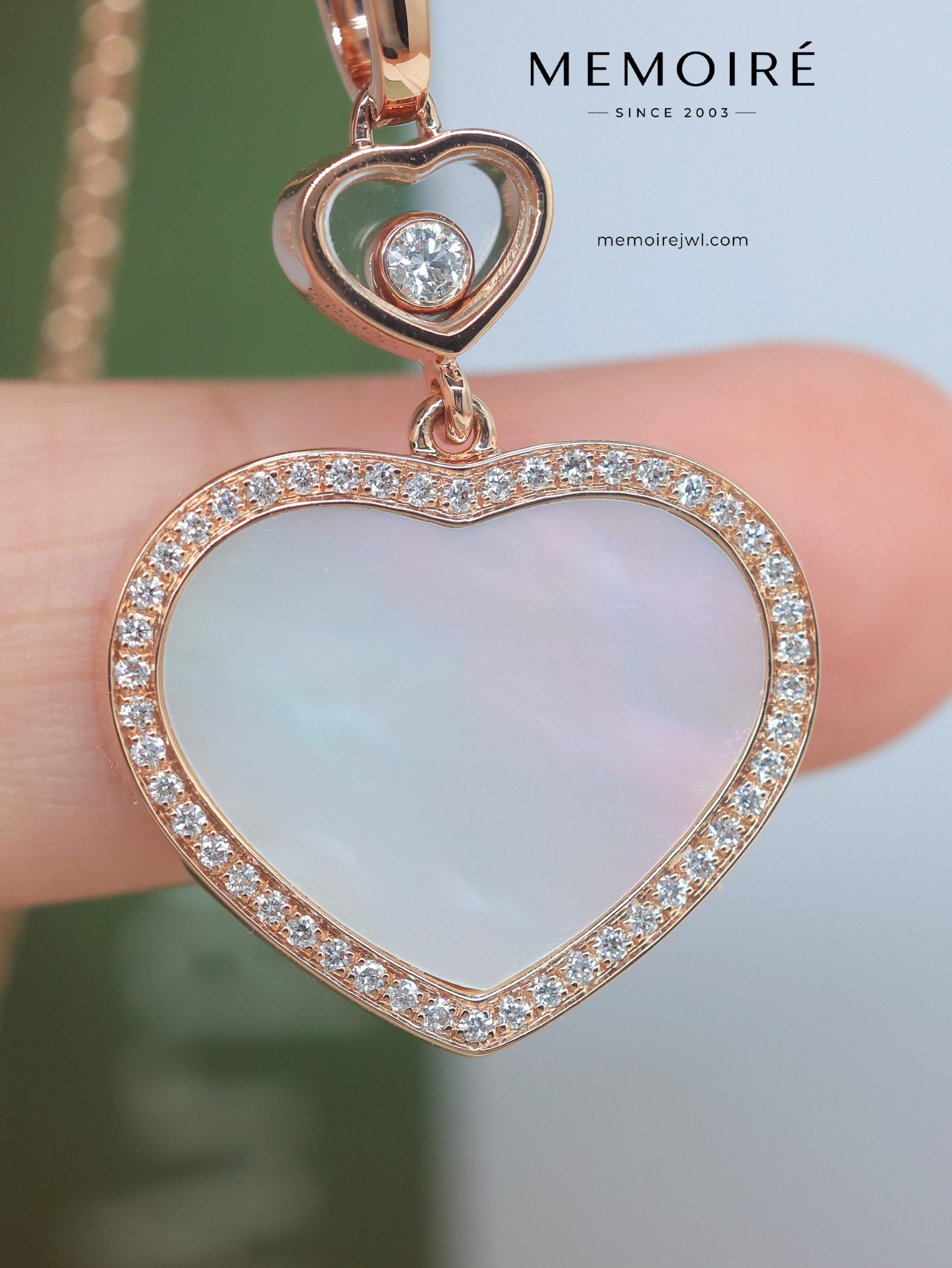 MEMOIRÉ 18K Rose Gold Double Heart Mother-of-Pearl Diamond Pendant Necklace - Image 3