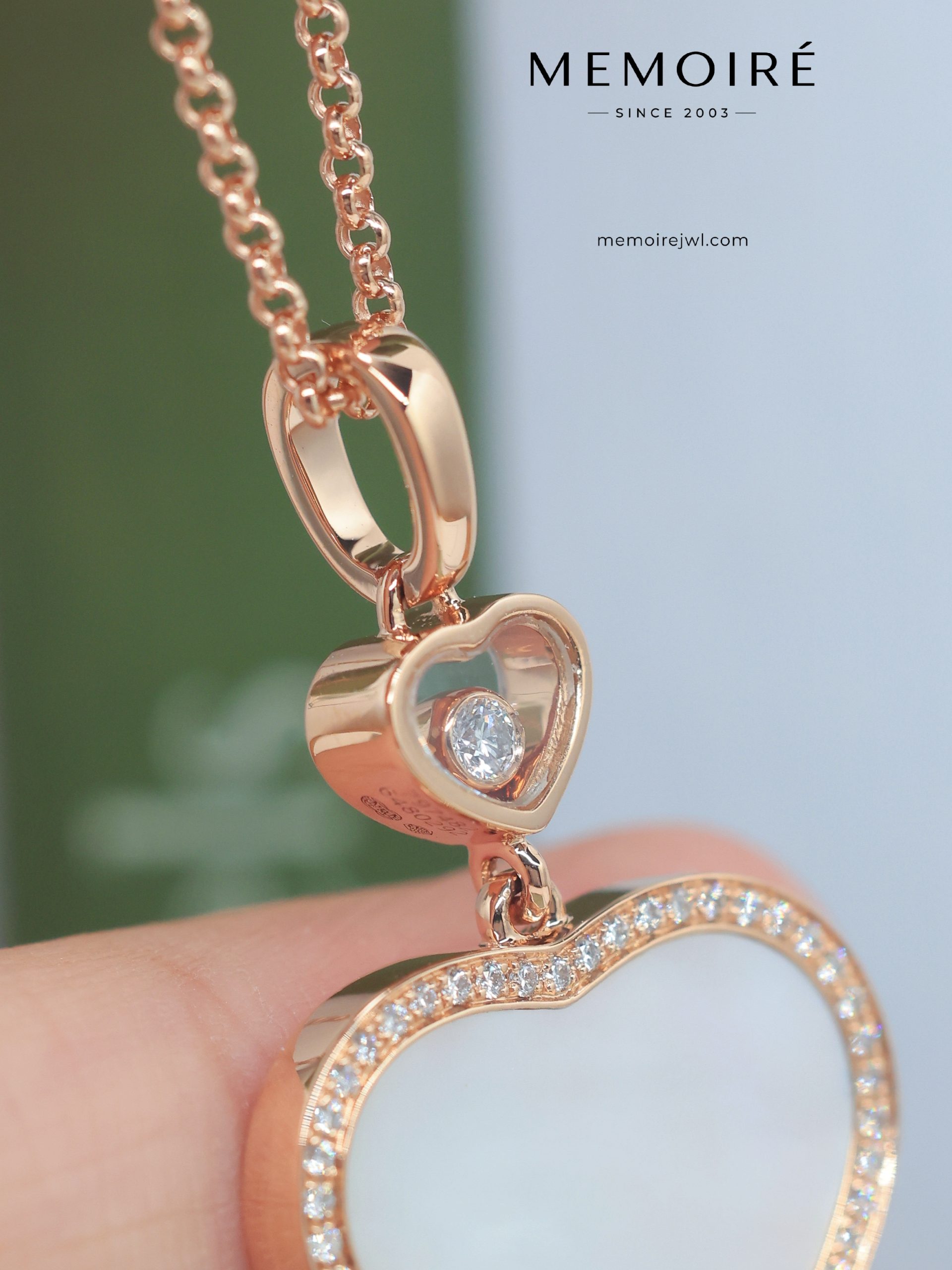 MEMOIRÉ 18K Rose Gold Double Heart Mother-of-Pearl Diamond Pendant Necklace - Image 4