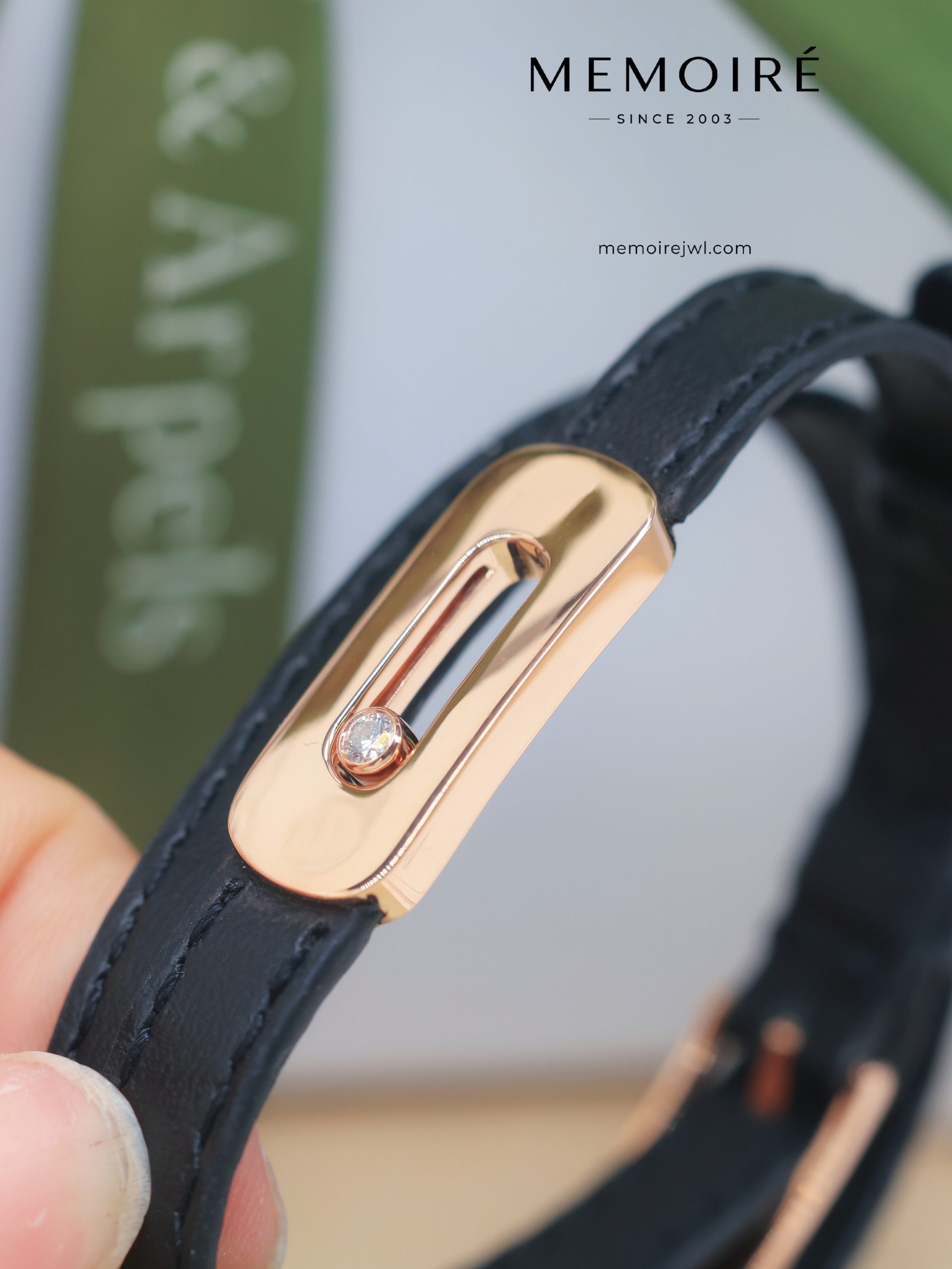 MEMOIRÉ Rose Gold Medium Single Moving Diamond Leather Bracelet - Image 3